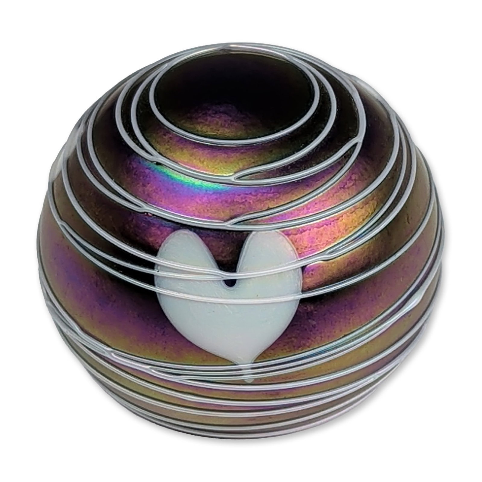 Terry Crider 1981 Miniature Iridescent Art Glass Paperweight: Terry Crider (American, Ohio). Miniature iridescent art glass paperweight, 1981, featuring a purple and magenta luster with gold and emerald green tones. The spherical form is decorated with three