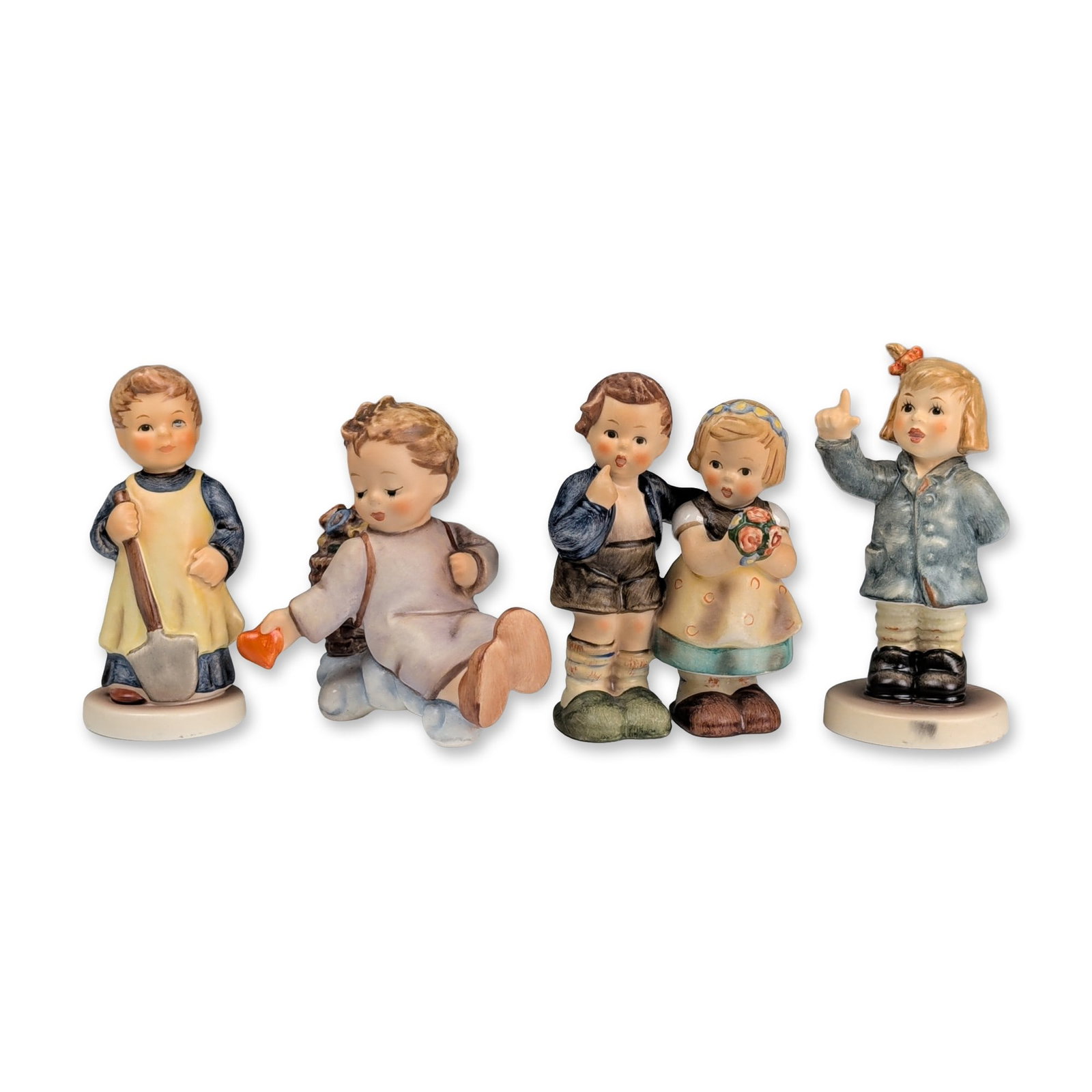 Collection of Four Goebel Hummel 1987 - 2003 Figurines: Goebel hand-painted porcelain figurines based on the original drawings of Sister Maria Innocentia Hummel. The collection includes Garden Treasures, Melody, Love from Above, and We Congratulate. Marks