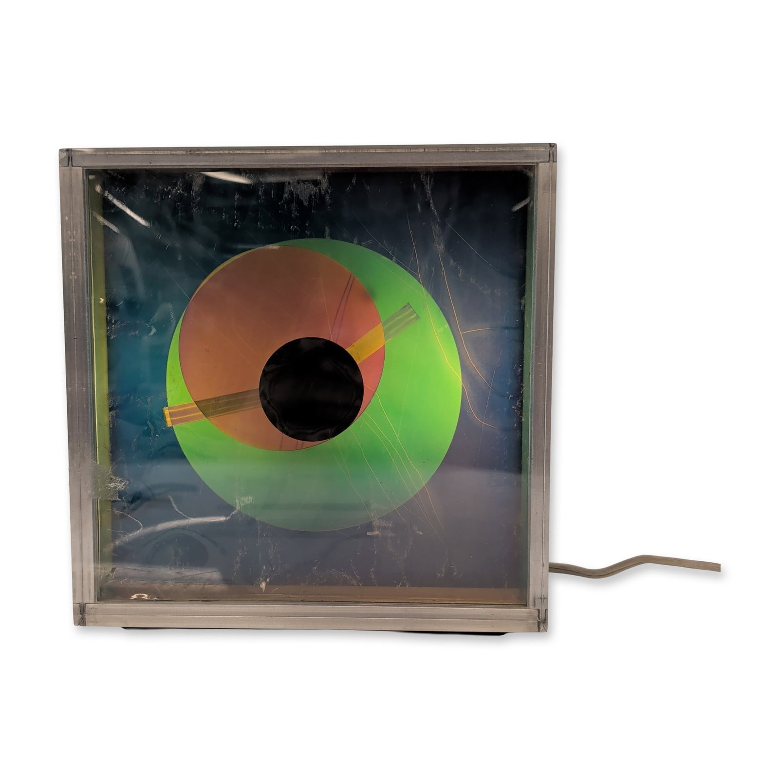 Kirsch Hamilton Prisma Aluminum Kinetic Clock: Kirsch/Hamilton Associates Inc., 1976. Prisma model kinetic light clock housed in a square brushed aluminum frame with a black plastic rear casing. The unit uses internal lamps and polarized light fil