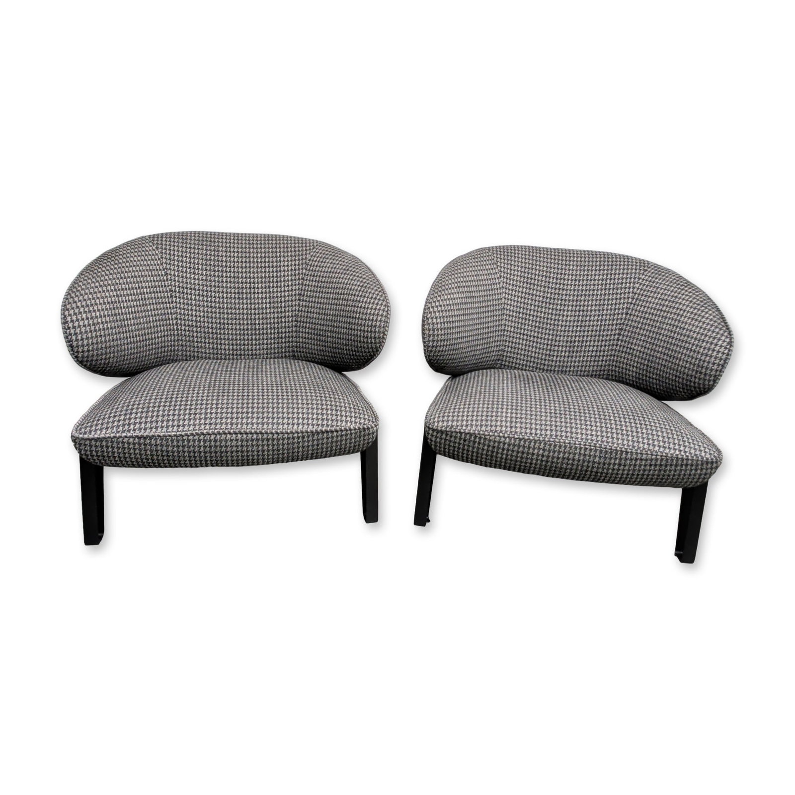Pair of ScanDesign Italian Contemporary Lounge Chairs: Italian-manufactured for ScanDesign. Pair of contemporary low-profile lounge chairs upholstered in a gray and white small-scale houndstooth patterned fabric. Each chair is supported by a three-leg