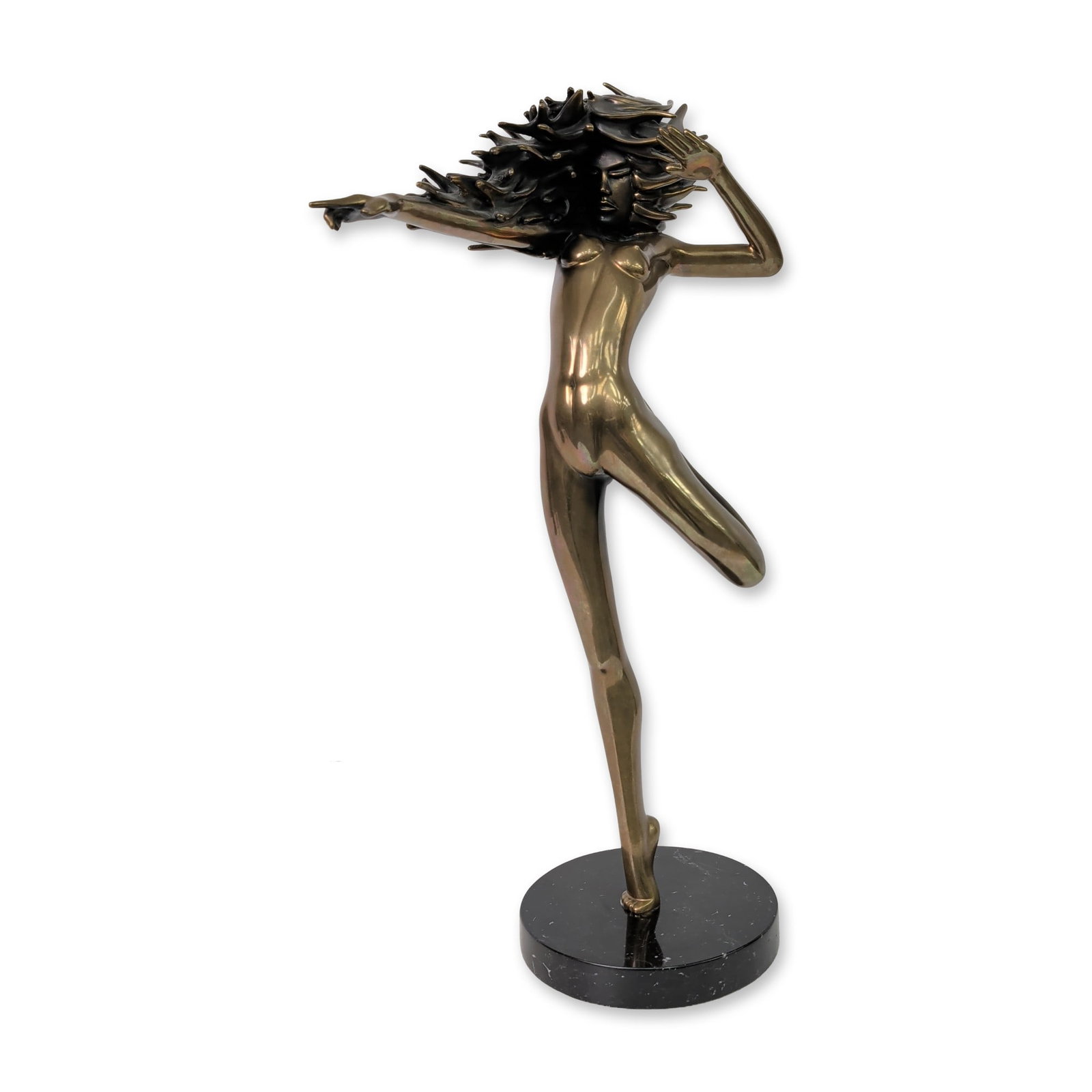 Bob Bennett (American, 20th Century), Artist Proof Bronze Sculpture, Raindancer, Signed: Bob Bennett sculpture in polished bronze, titled Raindancer, featuring a stylized nude female figure in a leaping pose with voluminous textured hair flowing behind. The figure is balanced on a single