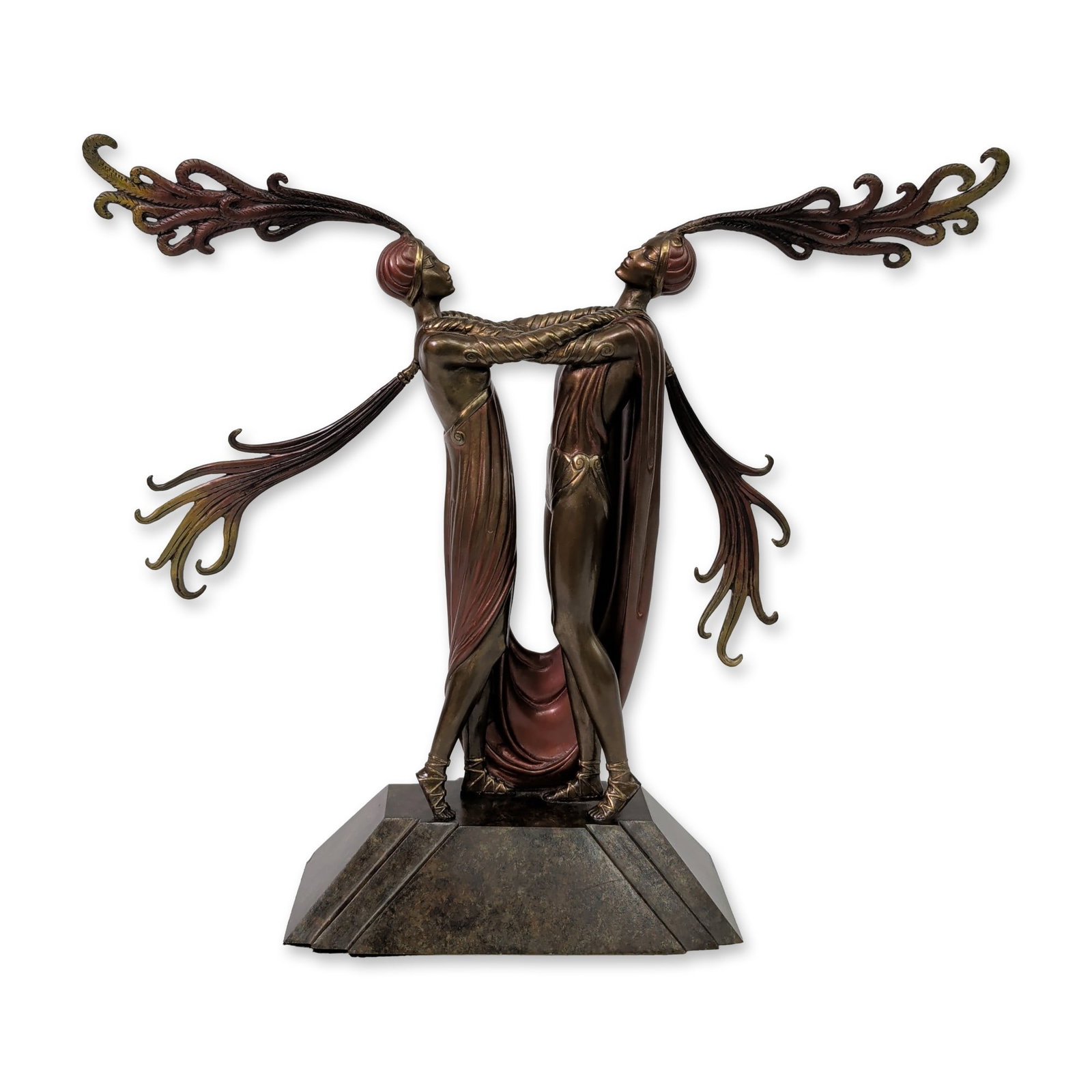 Erte (Russian/French, 1892-1990), Polychrome Bronze Sculpture, Kiss of Fire, Signed & Numbered: Erte (Russian/French, 1892-1990) Art Deco sculpture in cast bronze, titled Autumn, featuring an elongated stylized female figure with dramatic arching hair and applied leaf motifs standing on a fluted