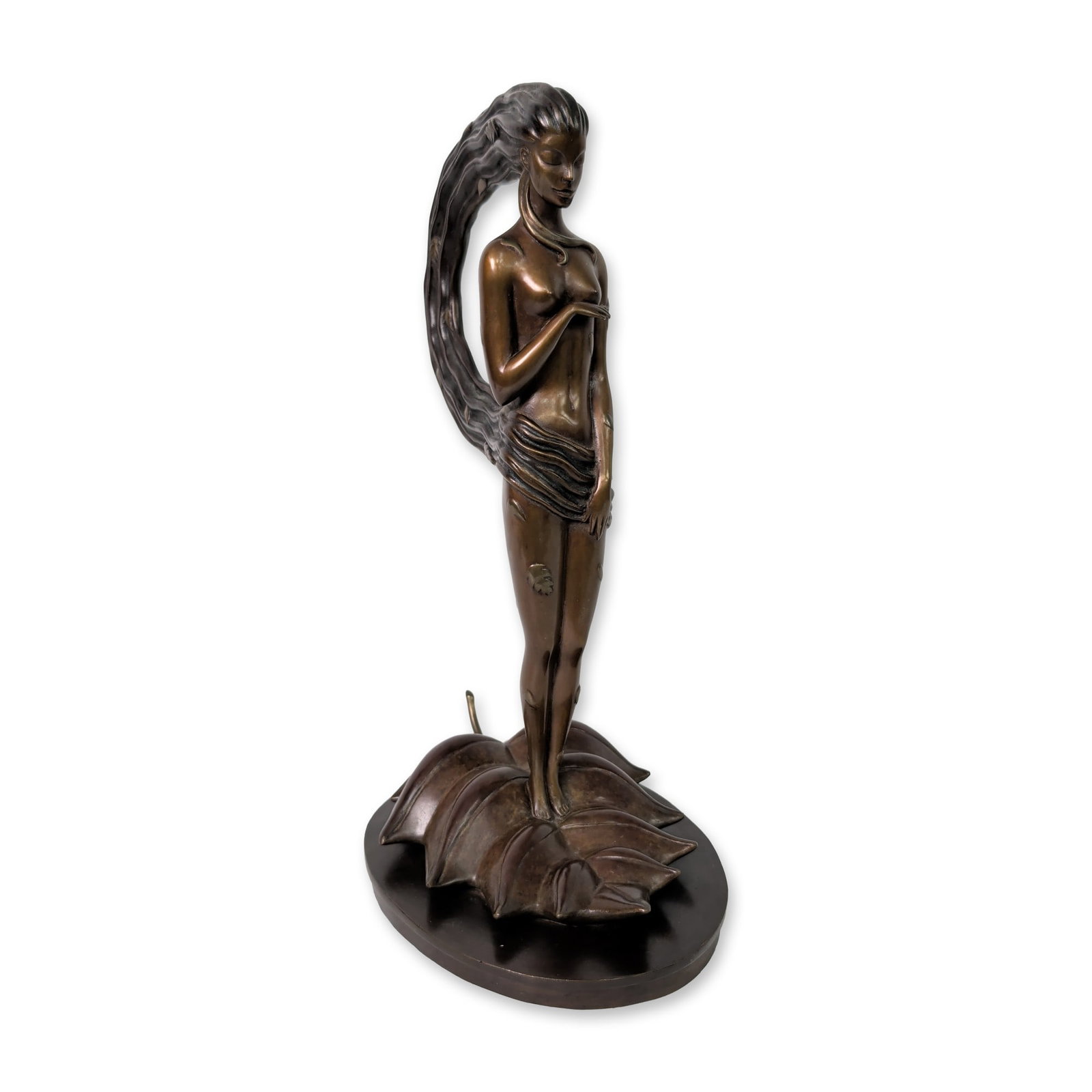Erte (Russian/French, 1892-1990) Art Deco Bronze Sculpture, Autumn, Signed & Numbered: Erte (Russian/French, 1892-1990) Art Deco sculpture in cast bronze, titled Autumn, featuring an elongated stylized female figure with dramatic arching hair and applied leaf motifs standing on a fluted