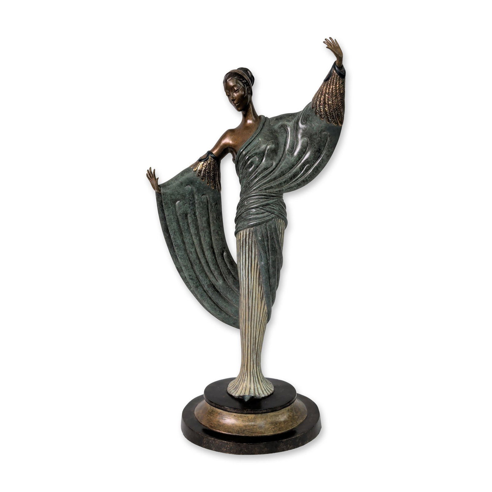 Erte (Russian/French, 1892-1990), Art Deco Bronze Sculpture, In the Evening, Signed & Numbered: Erte (Russian-French, 1892-1990) cast bronze figurative sculpture titled Amants (The Lovers), depicting a male and female figure in an entwined embrace. The figures transition into stylized laurel lea