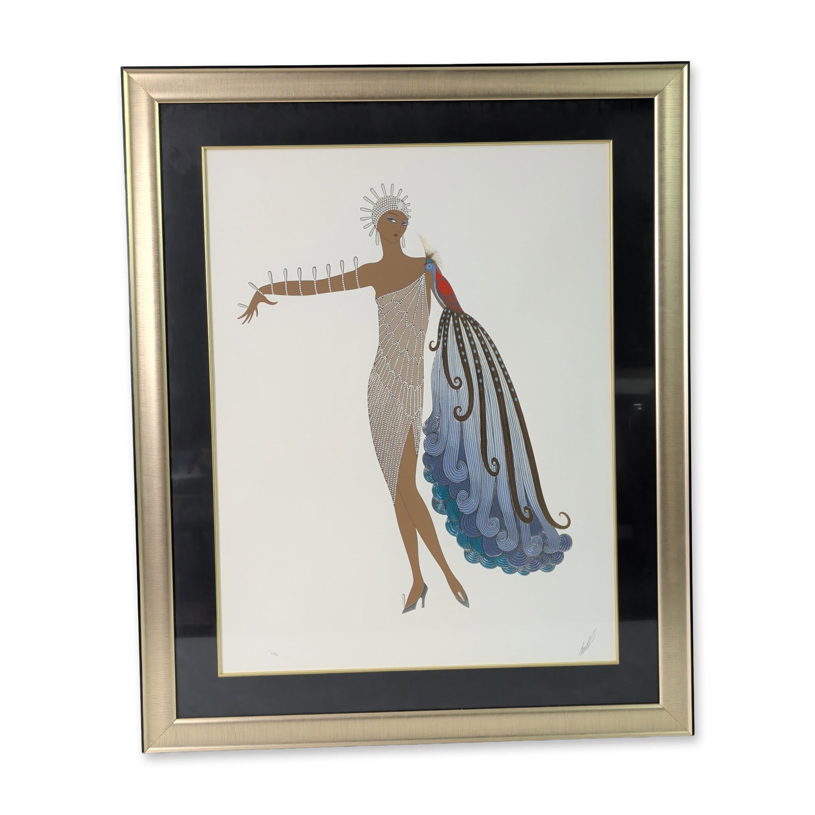 Erte (Romain de Tirtoff) (Russian/French, 1892-1990), Embossed Serigraph on Paper, Signed & Numbered: Erte (Russian/French, 1892-1990) serigraph on black paper with metallic and embossed elements, featuring a highly stylized, symmetrical avian motif in shades of pink, red, purple, and blue. Hand-signe