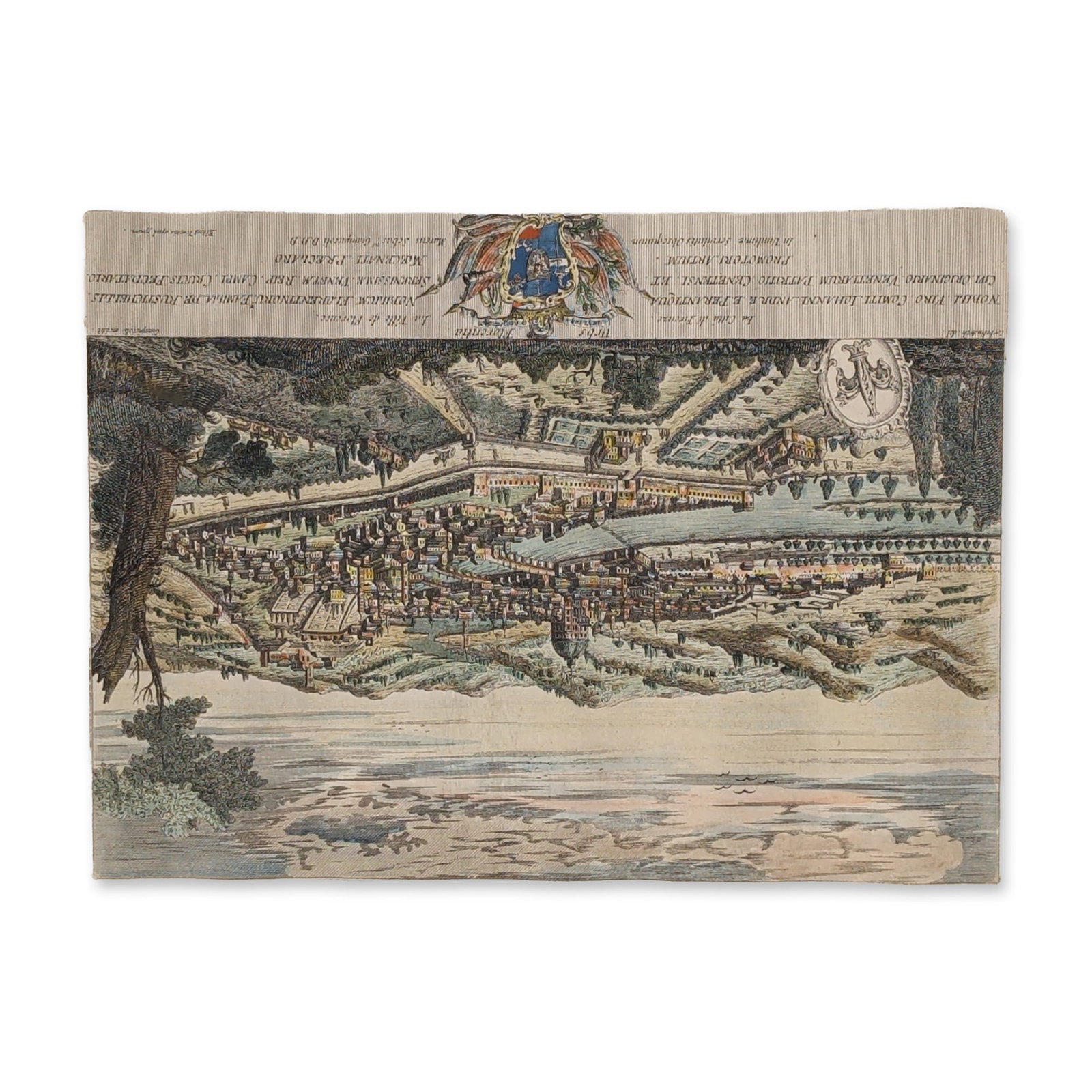 Marco Sebastiano Giampiccoli (Italian, 1737-1809), Engraving on Paper, City of Florence View: Marco Sebastiano Giampiccoli (Italian, 1737-1809) hand-colored engraving on paper titled Urbs Florentia, presenting a panoramic bird-eye view of Florence from the south. The composition includes major