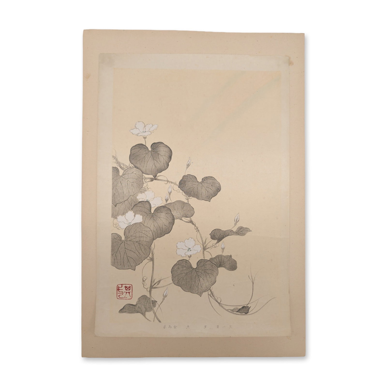 Japanese Woodblock Print, One Evening from a Botanical Series, Signed: Two Japanese multi-color woodblock prints on paper from the series Comparison of Beauties by Various Famous Masters of Former Times. These prints reproduce classical designs by earlier Edo-period mast