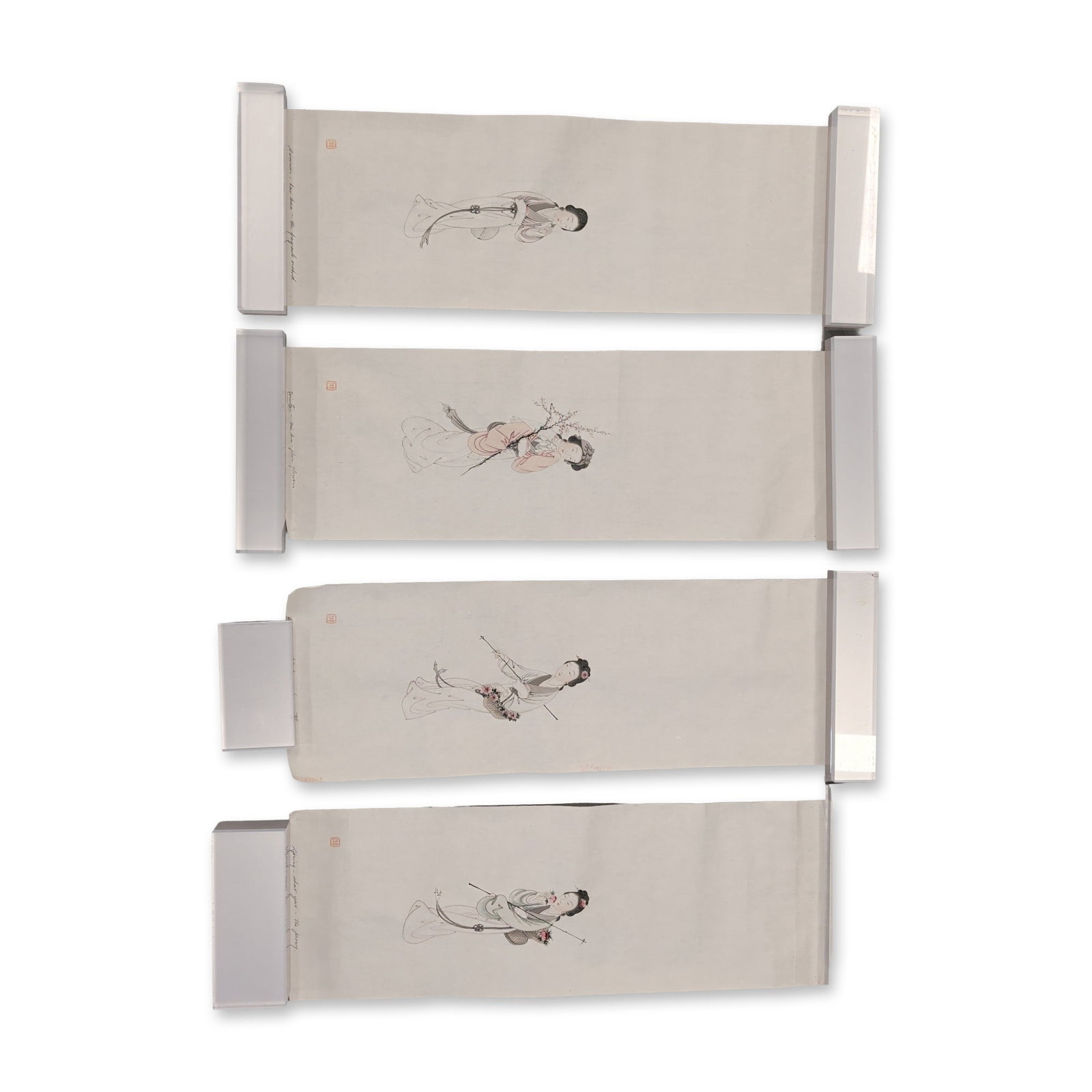 4pc Chinese Ink & Wash Paintings on Paper, Four Seasons: Set of four Chinese ink and wash paintings on paper depicting female figures representing the four seasons. Each panel features a single figure in traditional dress associated with a specific seasonal