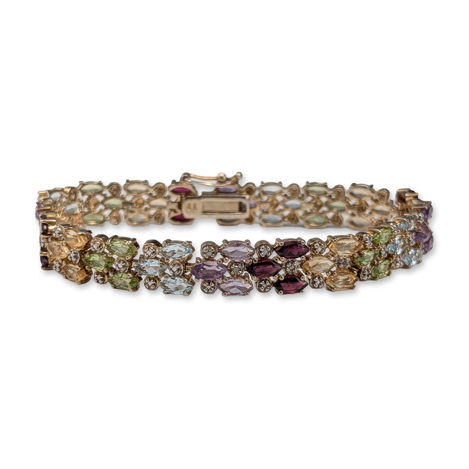 FAS Multi-Gemstone Sterling Silver Vermeil Bracelet: A designer hinged bangle bracelet by Saint by Sarah Jane. This piece is crafted from .925 sterling silver and features a prominent woven or braided texture across the exterior. The center of the band 