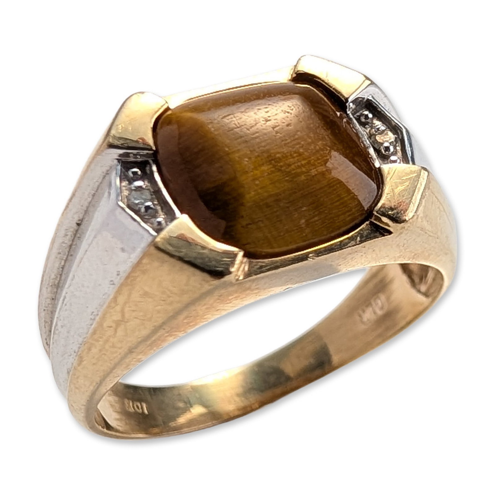 GLR 10K Two-Tone Gold Tiger Eye and Diamond Ring: GLR. Men's signet style ring in 10 karat yellow and white gold, featuring a central cushion-cut cabochon tiger's eye gemstone. The gemstone exhibits characteristic brown and gold chatoyancy and is sec