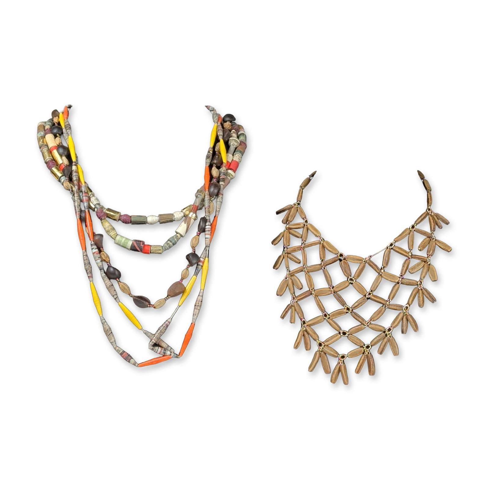5pc Assortment of Artisanal Bead Necklaces: Artisanal and ethnic-style necklace collection featuring organic and recycled materials. Group includes a wide bib-style collar necklace with an openwork lattice design composed of elongated light-bro