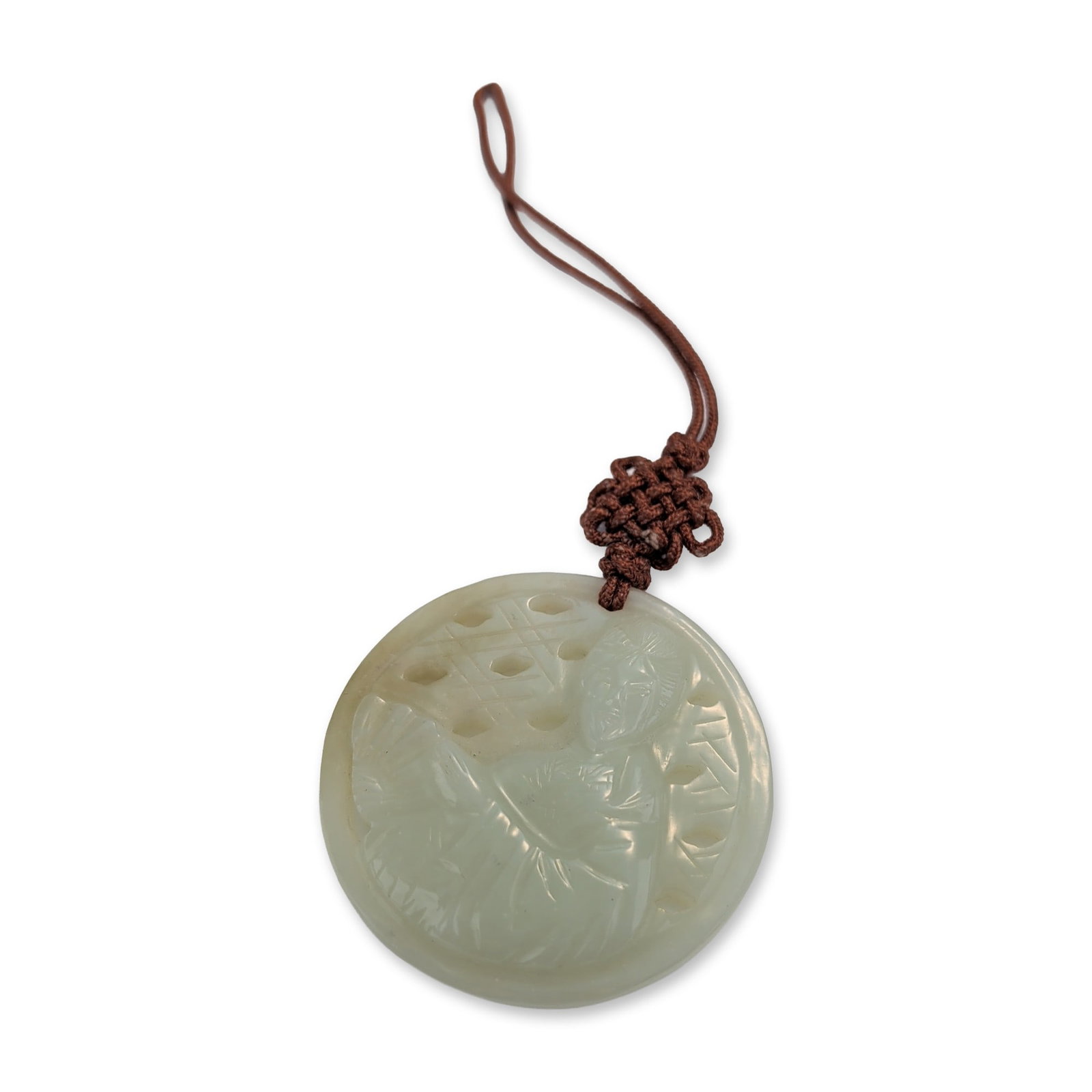Chinese Carved Celadon Jade Maiden Pendant: Chimney Butte Southwestern sterling silver pendant featuring a large triangular malachite cabochon with distinct green banding. The stone is bezel-set and framed by a twisted rope border. The piece is