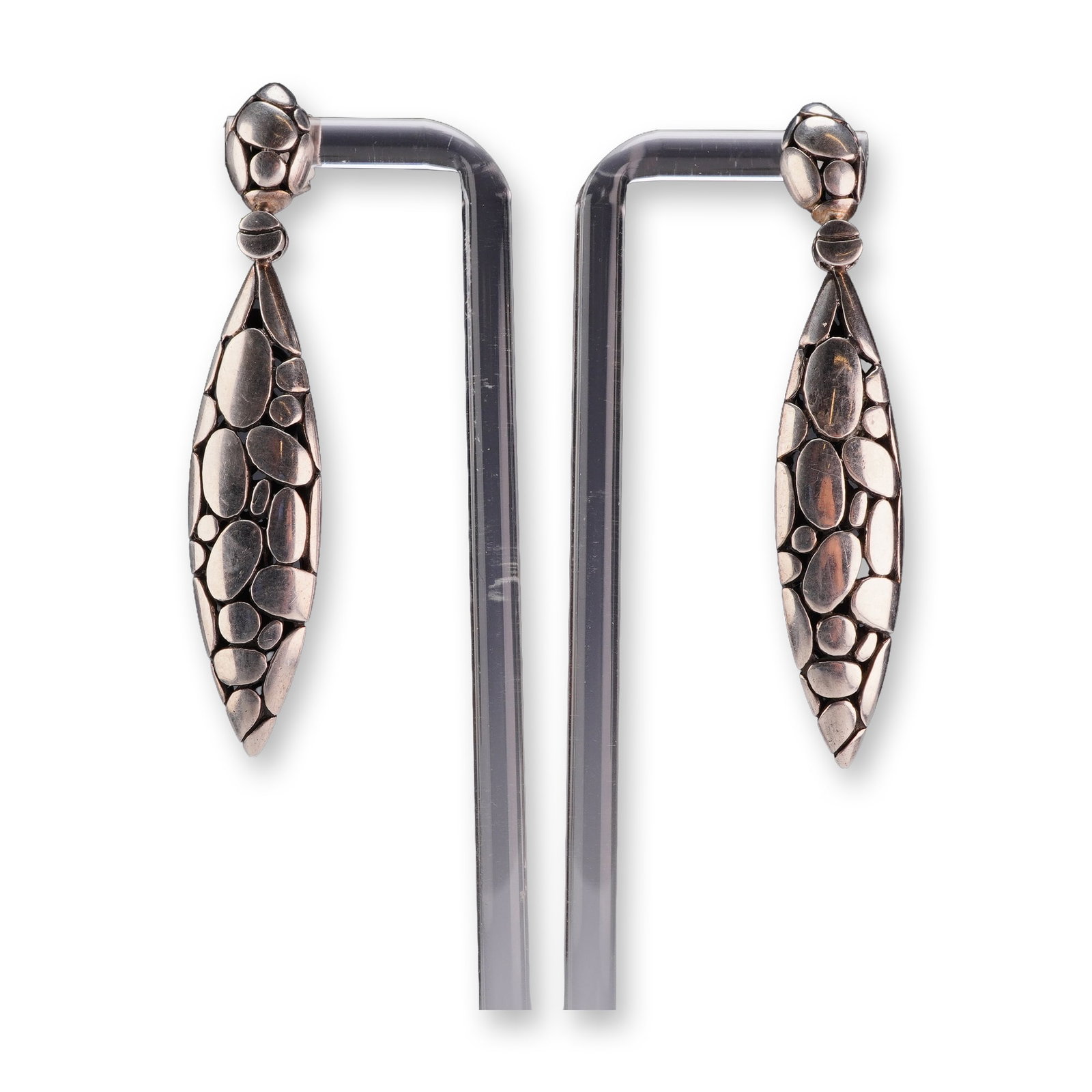 Pair of John Hardy Sterling Silver Kali Pebble Marquise Drop Earrings: Pair of estate earrings in 14k yellow gold, each featuring a bezel-set oval green mottled jade cabochon within a stepped frame. Equipped with post and hinged omega back closures. Hallmarked 585, 14K, 
