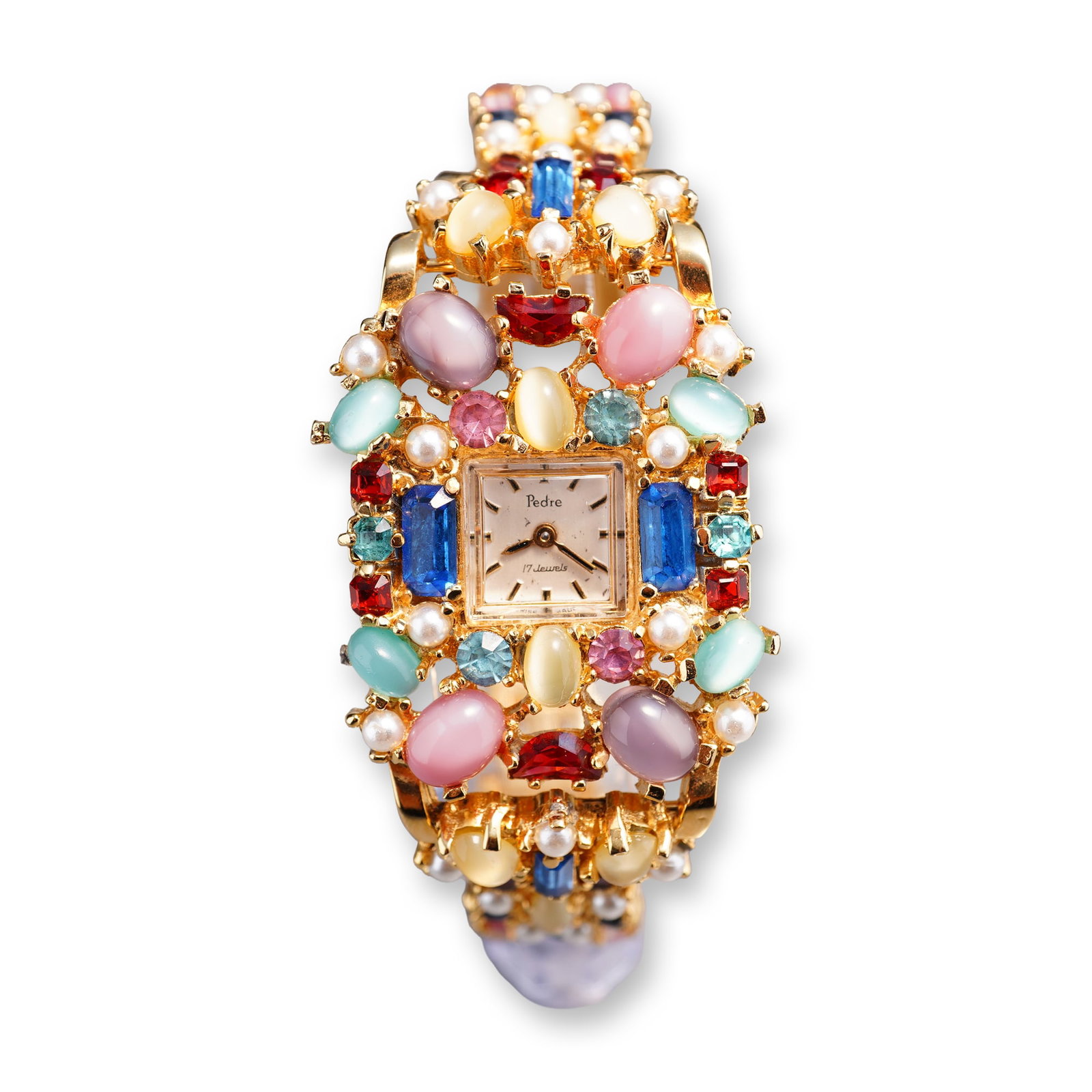Vintage Pedre 17 Jewels Swiss Watch with Multi Colored Stones: An assortment of four timepieces including three ladies' wristwatches and one novelty pendant watch. The collection features a silver-tone Carriage by Timex wristwatch with a white dial and expansion 