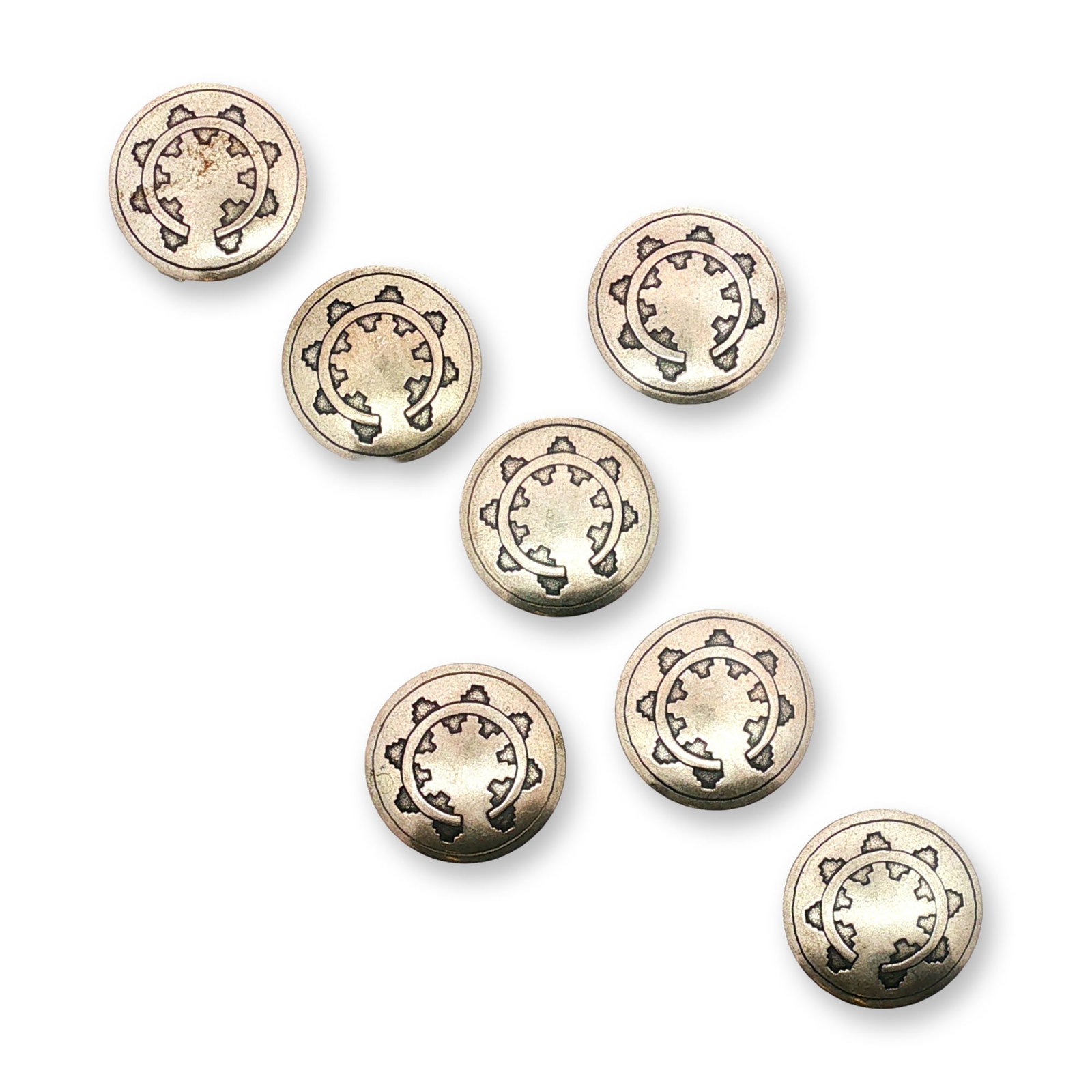 7pc Southwestern Sterling Silver Button Covers: Vintage circle brooch in 14k yellow gold, featuring a continuous wreath arrangement of fourteen round cultured pearls. The pearls exhibit white to cream body colors with good luster. The interior gold