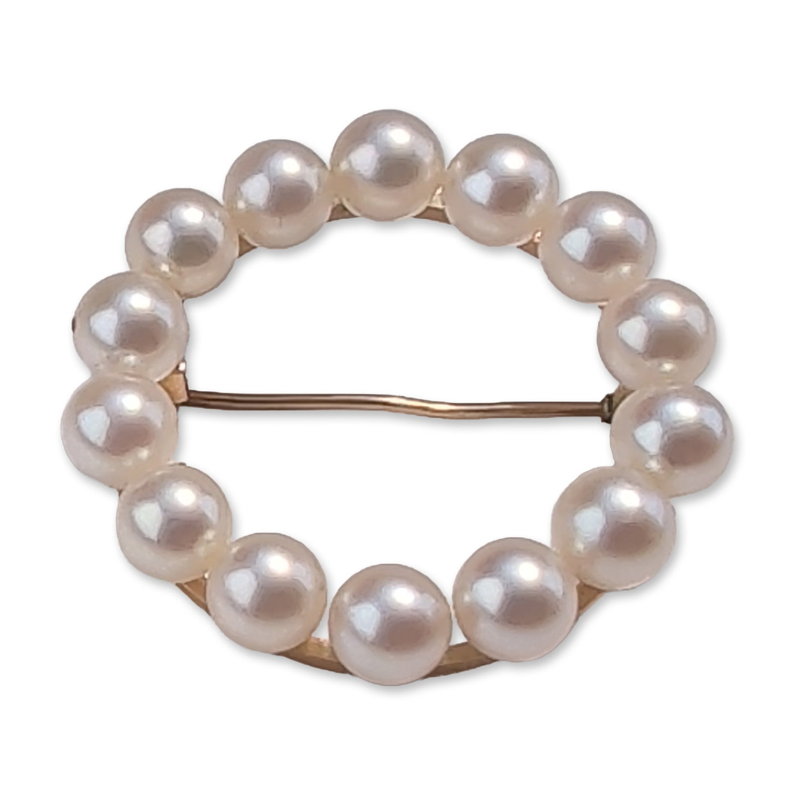 14K Yellow Gold and Cultured Pearl Circle Brooch: Vintage circle brooch in 14k yellow gold, featuring a continuous wreath arrangement of fourteen round cultured pearls. The pearls exhibit white to cream body colors with good luster. The interior gold