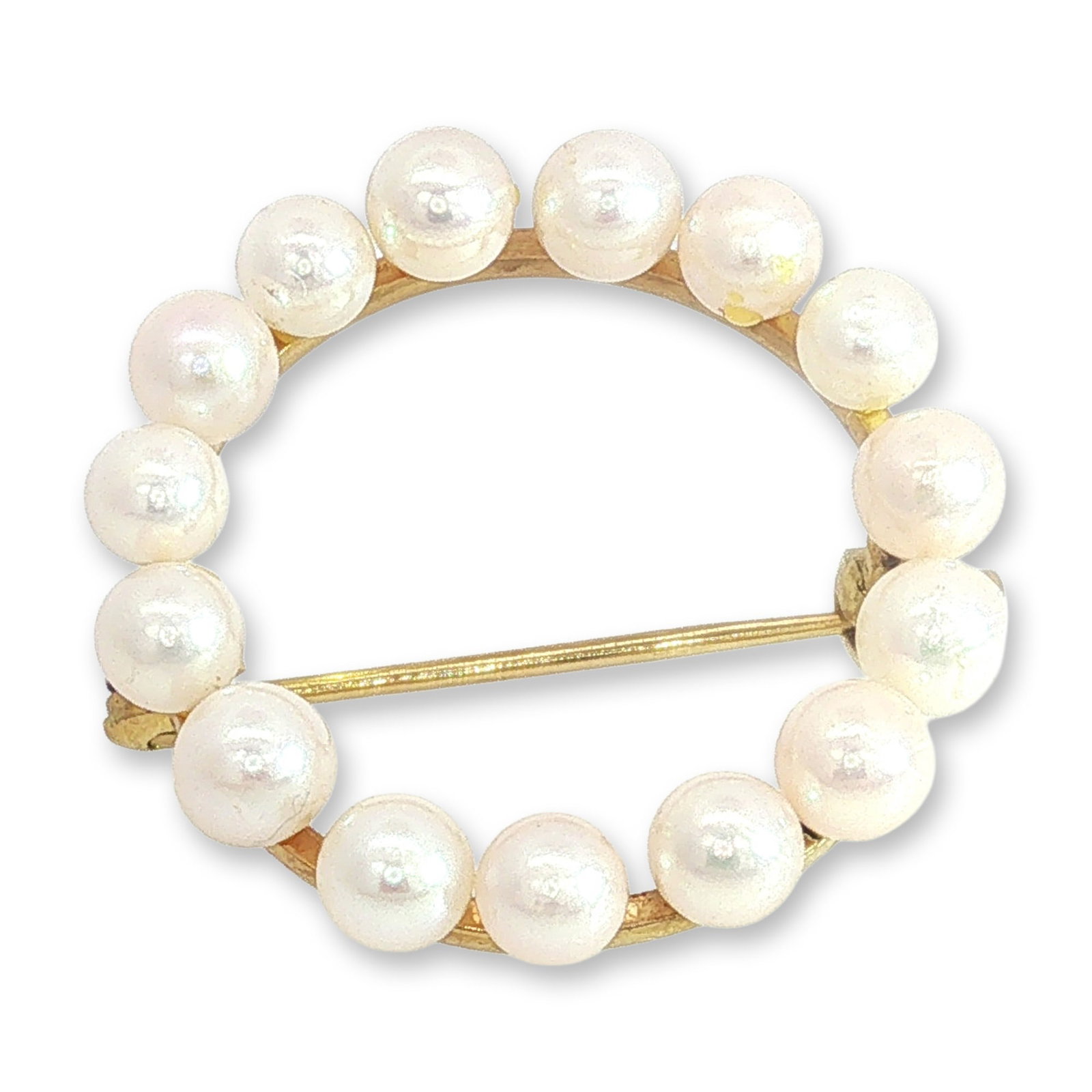 18K Yellow Gold and Cultured Pearl Circle Brooch: Fashion and costume style. Collection of five jewelry items in silver-tone and gold-tone finishes. The group features a silver-tone bangle with a fine brushed texture and a silver-tone necklace set wi