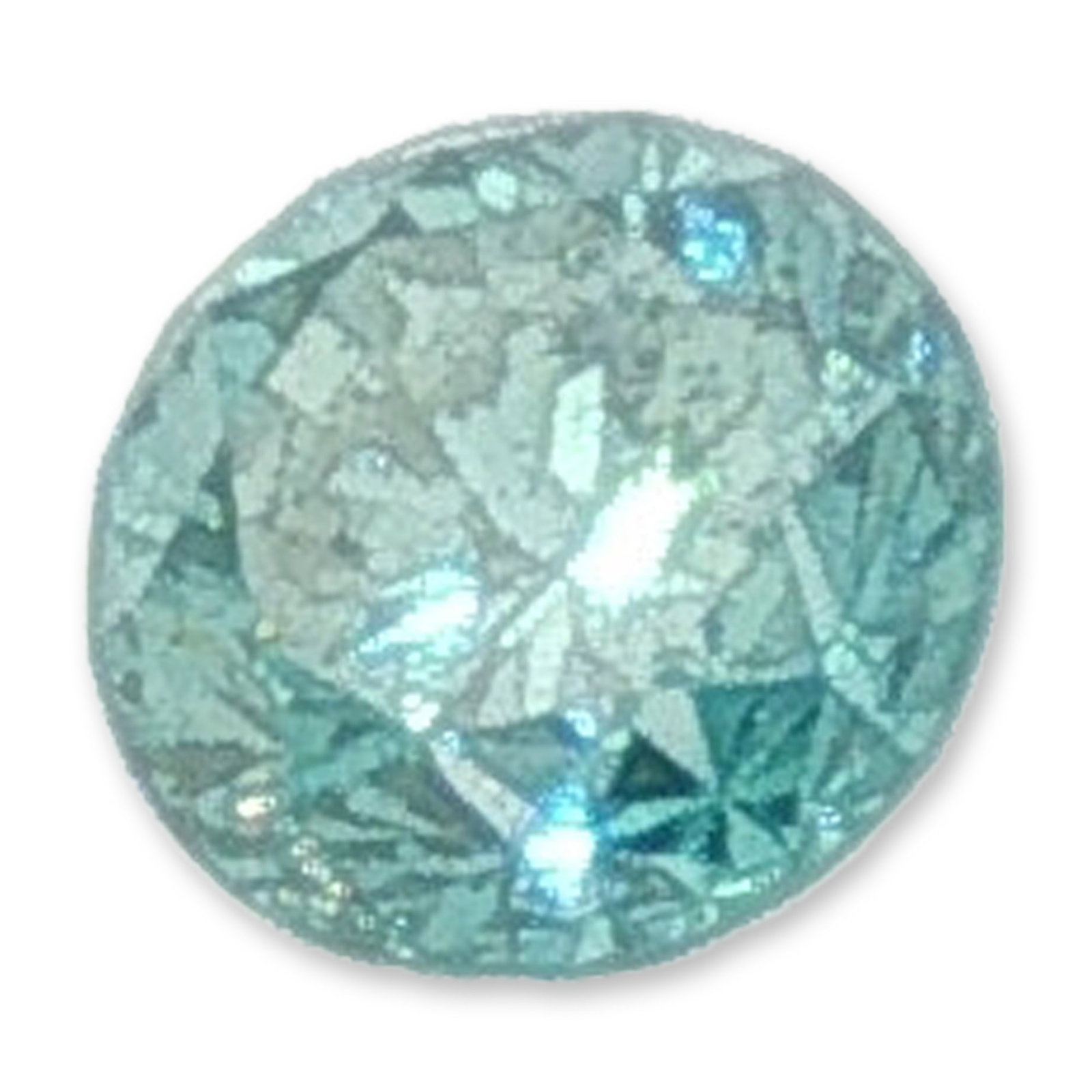 Loose Round Cut Blue Diamond: Loose gemstone appearing to be a blue diamond, featuring a round brilliant cut. The stone displays a vibrant light blue hue with teal and aqua tones. Construction features a circular girdle with multi