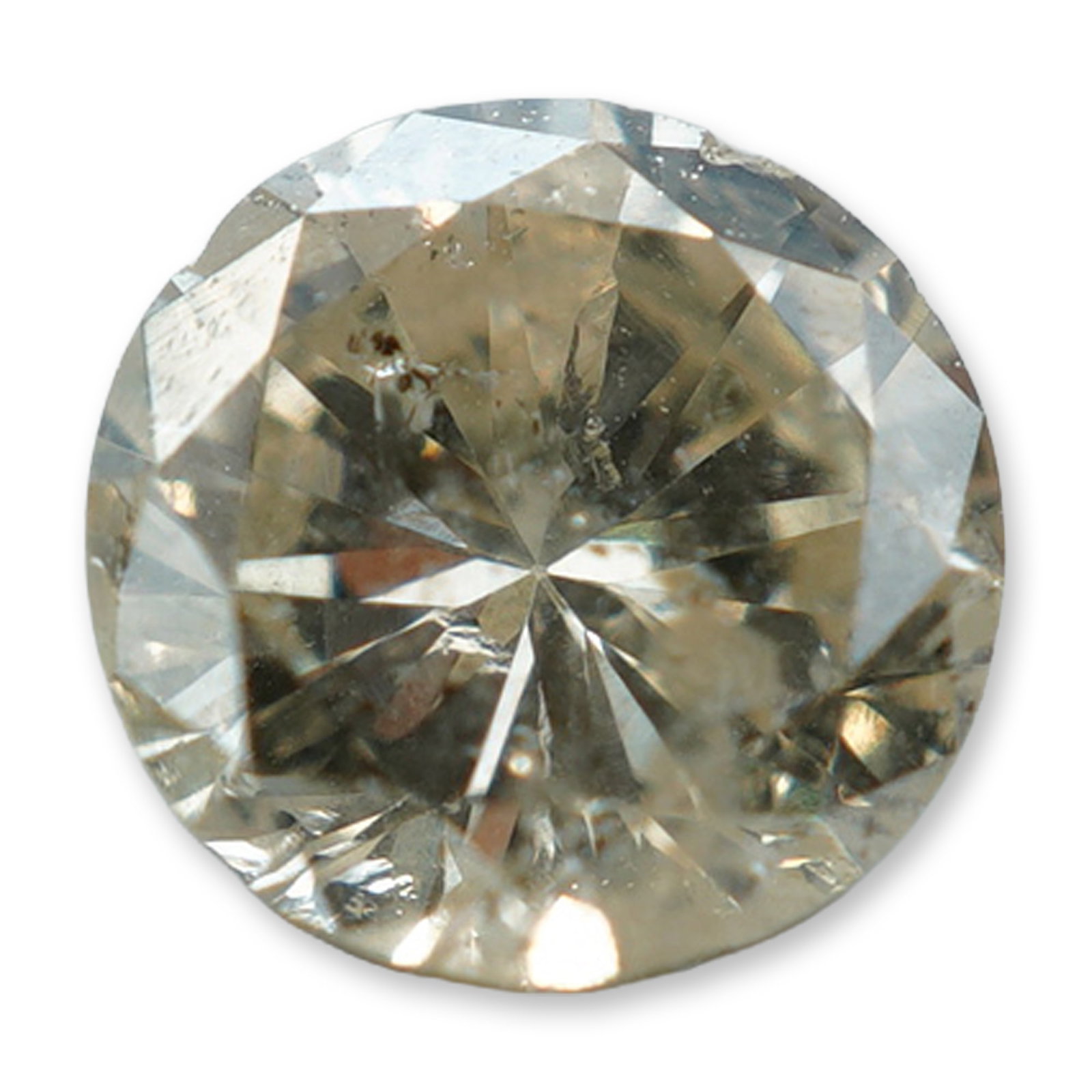 Round Brilliant Cut Champagne Diamond: Round brilliant cut champagne diamond. The stone exhibits a light to medium brownish yellow hue with visible internal inclusions including dark crystals and light reflecting feathers. Loose and unmoun
