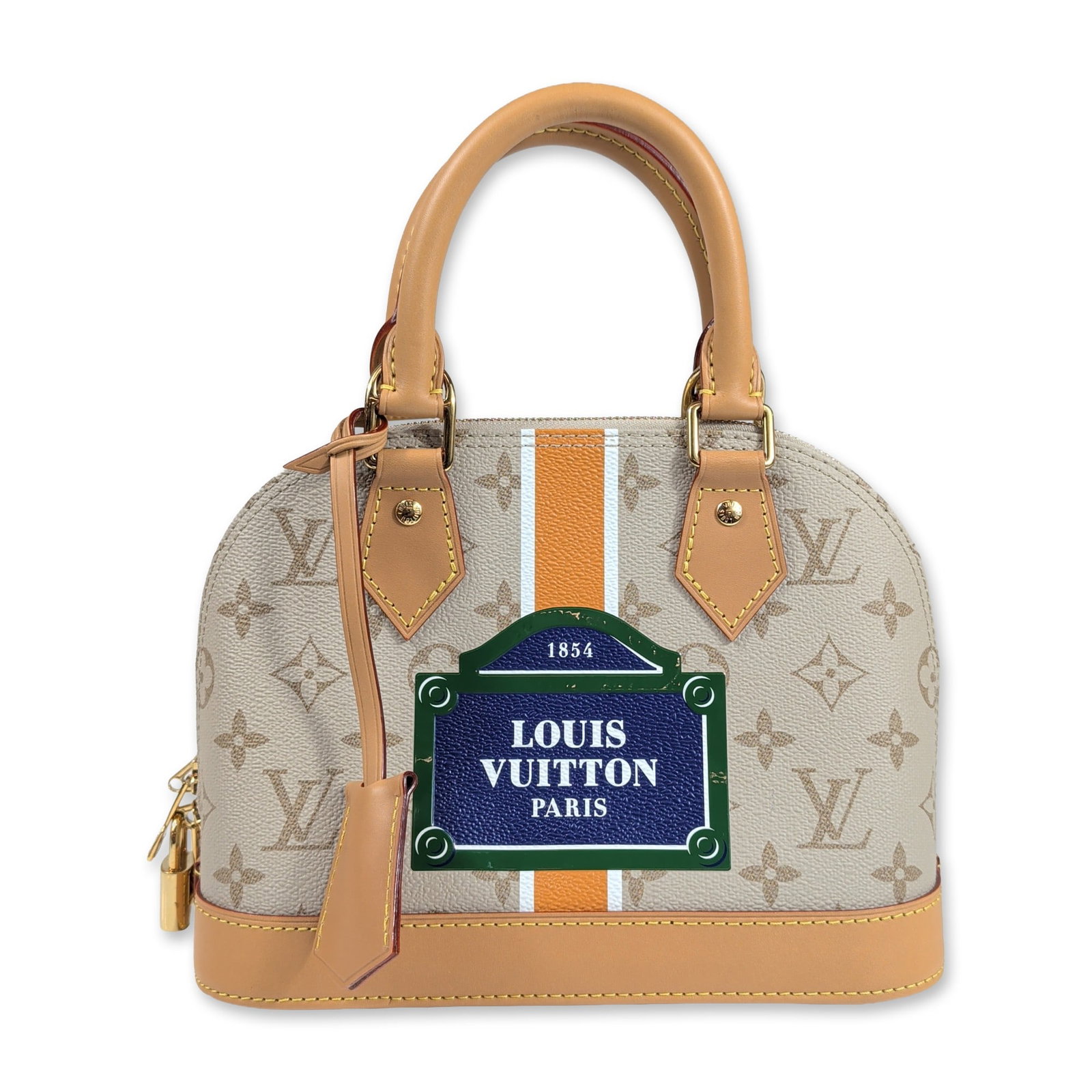 Louis Vuitton Monopaname Alma BB Monogram Handbag: Louis Vuitton Monopaname Alma BB handbag in beige Monogram coated canvas. This limited edition model features a decorative Monopaname street sign graphic on the front with 1854 and Louis Vuitton Paris