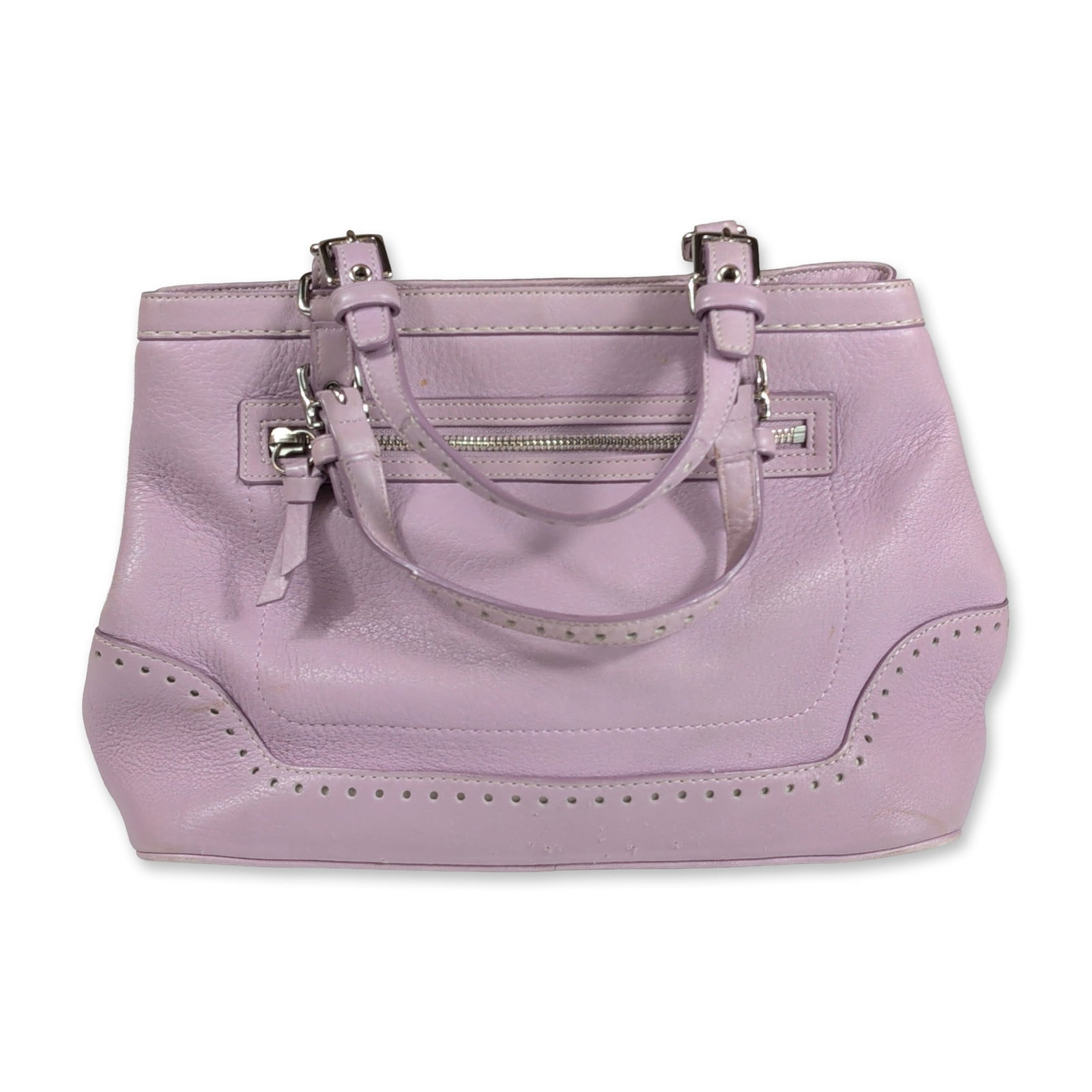 Coach Lavender Hamptons Leather Satchel Handbag: Coach pleated tote in lavender pebbled leather, featuring perforated brogue-style trim and a front vertical zippered pocket. The exterior is accented with dual flat leather handles with buckle adjustm