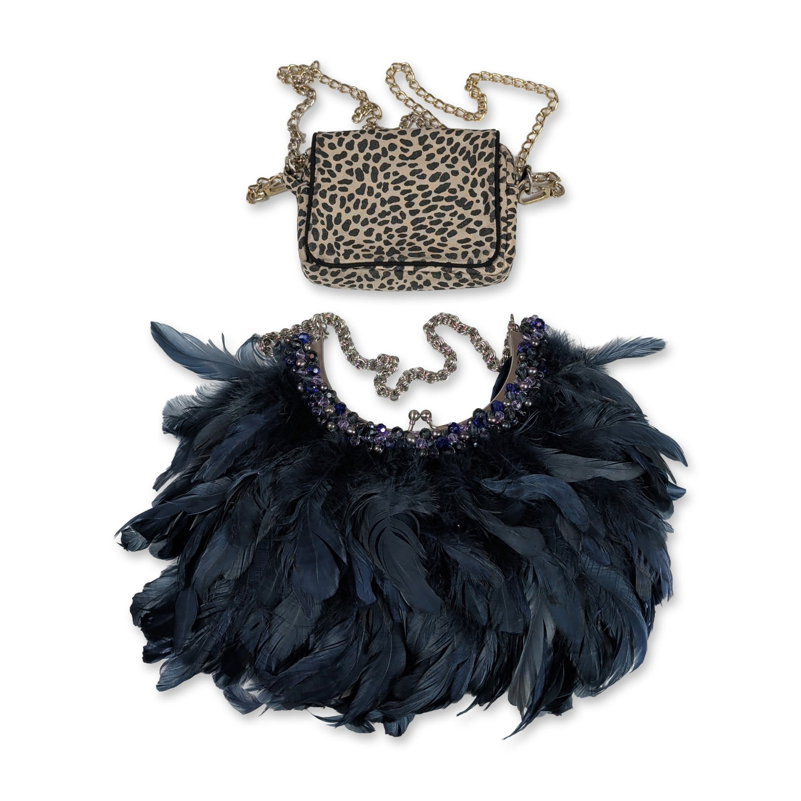 2pc Gale Hayman Leopard Print and Navy Feather Evening Bags: Gale Hayman Beverly Hills and navy blue feather evening bags. Leopard print canvas crossbody bag featuring a top flap with magnetic snap closure and a detachable gold-tone chain strap, with a black sy