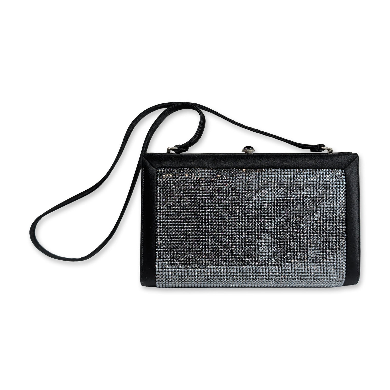 Judith Leiber Black Crystal Satin Evening Bag: Judith Leiber, New York. Rectangular frame-top evening bag with black satin body encrusted with faceted smoke-gray crystals in a dense grid pattern. Featuring a thin fixed satin shoulder strap and sil