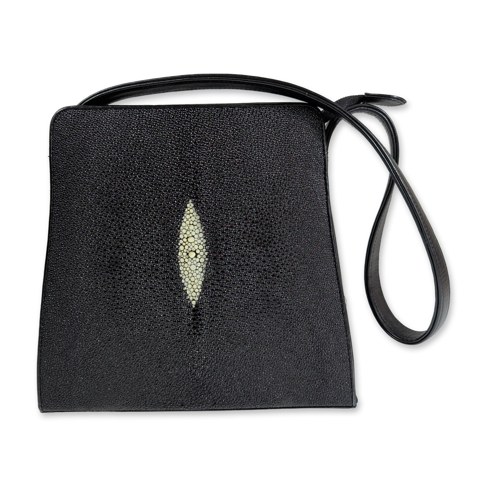 River Genuine Stingray and Black Leather Shoulder Bag: Structured rectangular evening clutch in black satin, featuring a pleated front panel accented with a single row of channel-set clear rhinestones along the bottom edge. The interior is fitted with a s