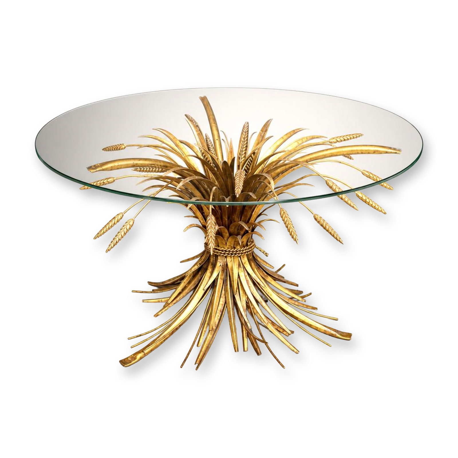 Italian Mid-Century Modern Gilt Metal Sheaf of Wheat Coffee Table w/ Round Glass Top: This mid-century modern low table features a sculpted metal base designed in the iconic sheaf of wheat style. The base is constructed from shaped metal components fashioned into individual stalks of w
