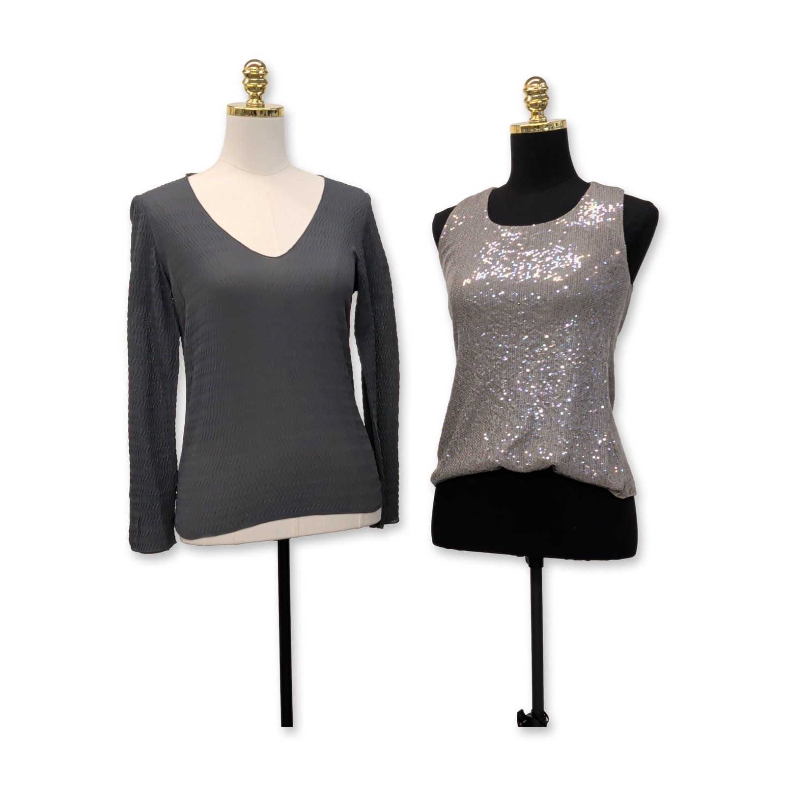 Two Giorgio Armani Italian Designer Tops: Halston, late 1970s to early 1980s. Long-sleeve silk tunic top featuring allover hand-applied bead and sequin embellishments in a wavy abstract motif. The design utilizes a palette of cream, silver, a