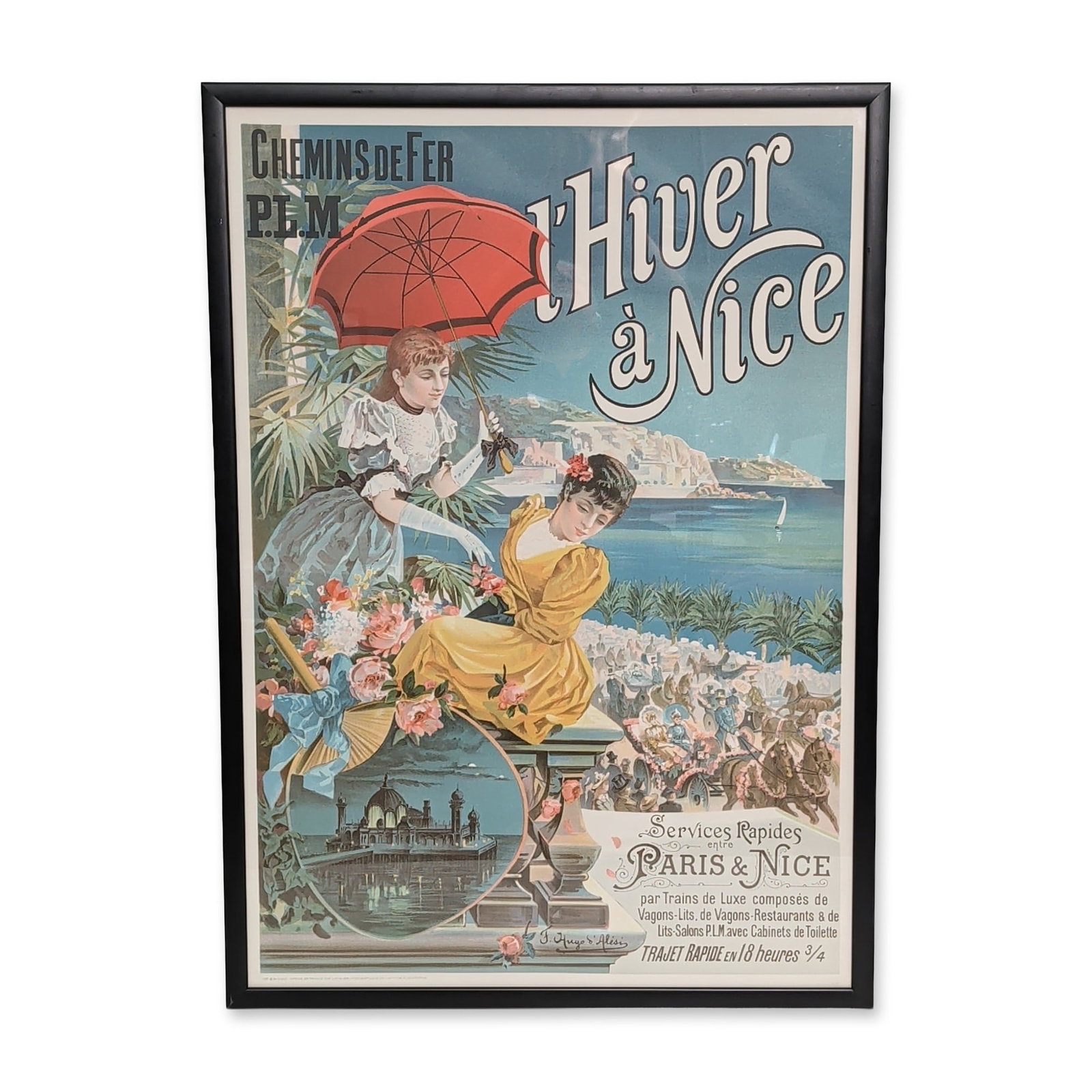 Frederic Hugo Alesi l'Hiver a Nice PLM Railway Poster: Frederic Hugo Alesi (French/Romanian, 1849-1906). l'Hiver a Nice lithographic travel poster for the Chemins de Fer de Paris a Lyon et a la Mediterranee (PLM) railway. The multi-color composition depic