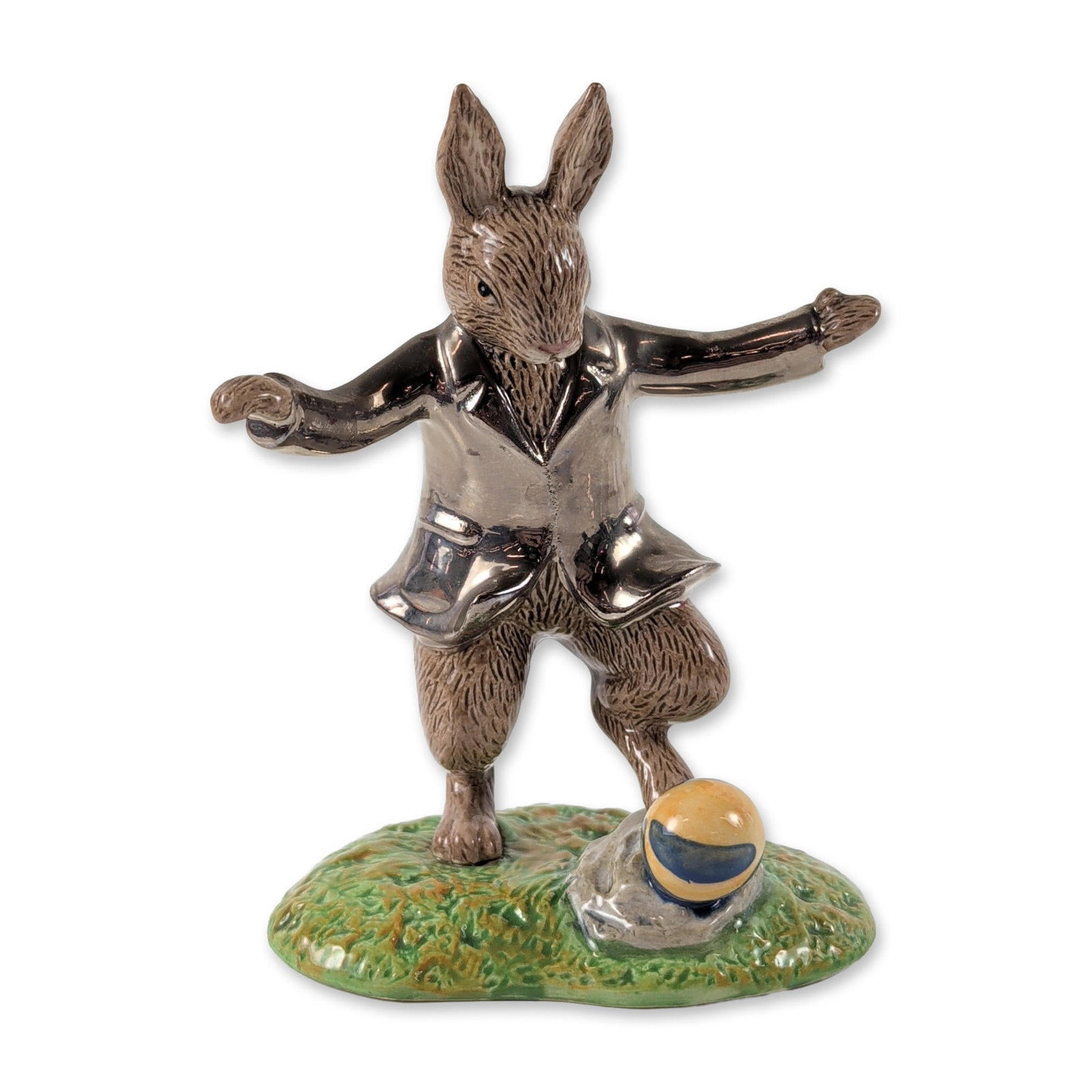 Royal Doulton Bunnykins Platinum William Limited Edition Figurine: Royal Doulton. From the Bunnykins series titled William, model number DB 488. The figure depicts a rabbit with textured brown glaze and a metallic silver-toned platinum luster coat, shown in mid-strid