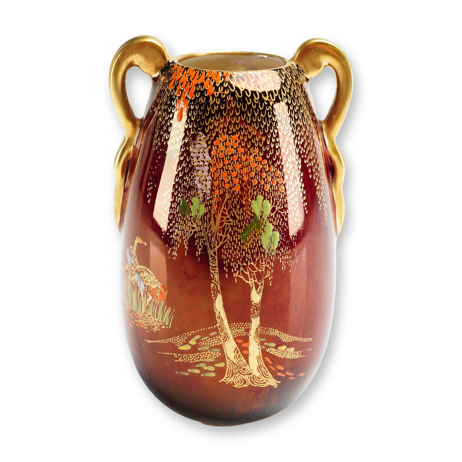 Carlton Ware Rouge Royale Double-Handled Vase: English pottery double-handled ovoid bud vase by Carlton Ware, featuring the Rouge Royale lustre glaze with a color transition from deep burgundy to burnt orange. The body is decorated in the Chinoise