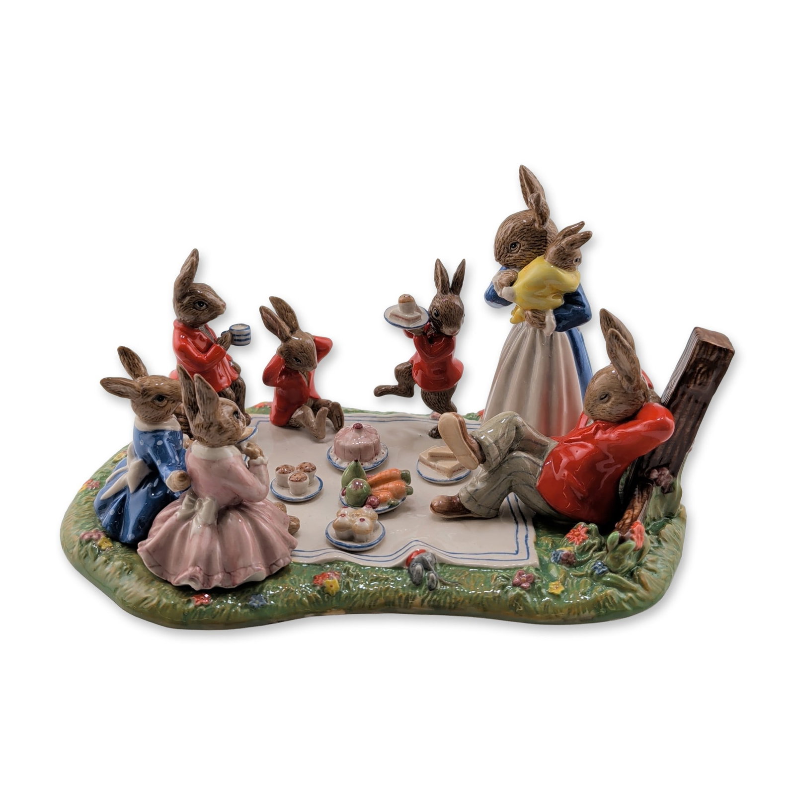 Royal Doulton Bunnykins Family Picnic Limited Edition Tableau DB481: Royal Doulton hand-decorated ceramic tableau titled Family Picnic, model number DB 481. The multi-figure scene depicts a family of seven anthropomorphic rabbits at a picnic. The mother rabbit is dress