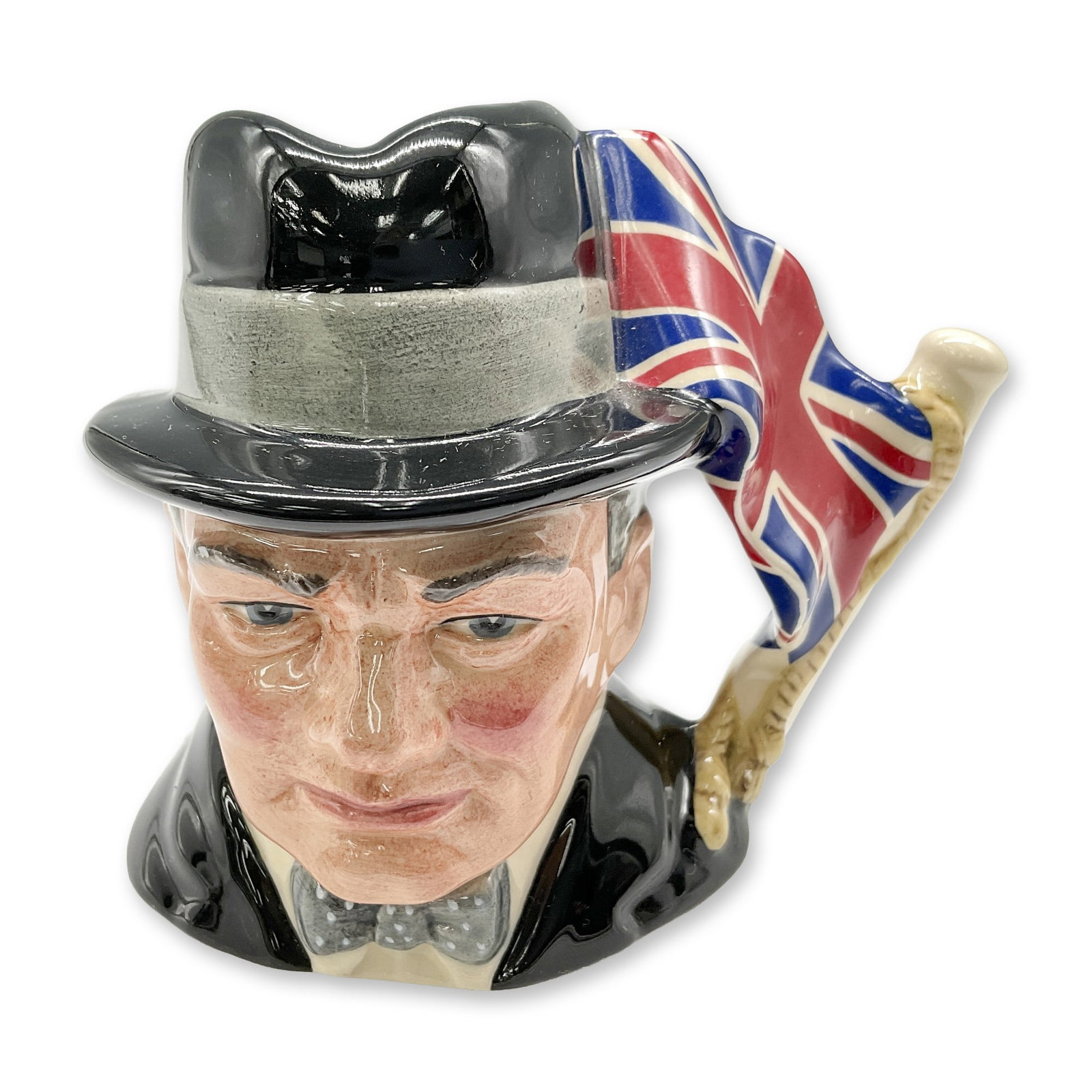 Sir Winston Churchill D6849 Small Doulton Character Jug: Black, grey and white coloration. Royal Doulton backstamp. Artist: Stanley J. Taylor Dimensions: 3.25"H Date or Era: 1989 Edition Number and/or Size: 2617 of 9500 Manufacturer or Brand: Royal Doulton