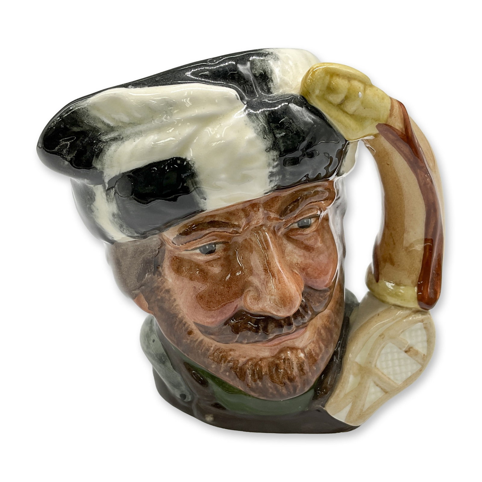 Trapper D6612 - Small - Royal Doulton Character Jug: Dark green and white hat; brown and green clothing. Royal Doulton backstamp. Artist: Max Henk and David B. Biggs Dimensions: 3.75"H Date or Era: 1967 - 1983 Manufacturer or Brand: Royal Doulton