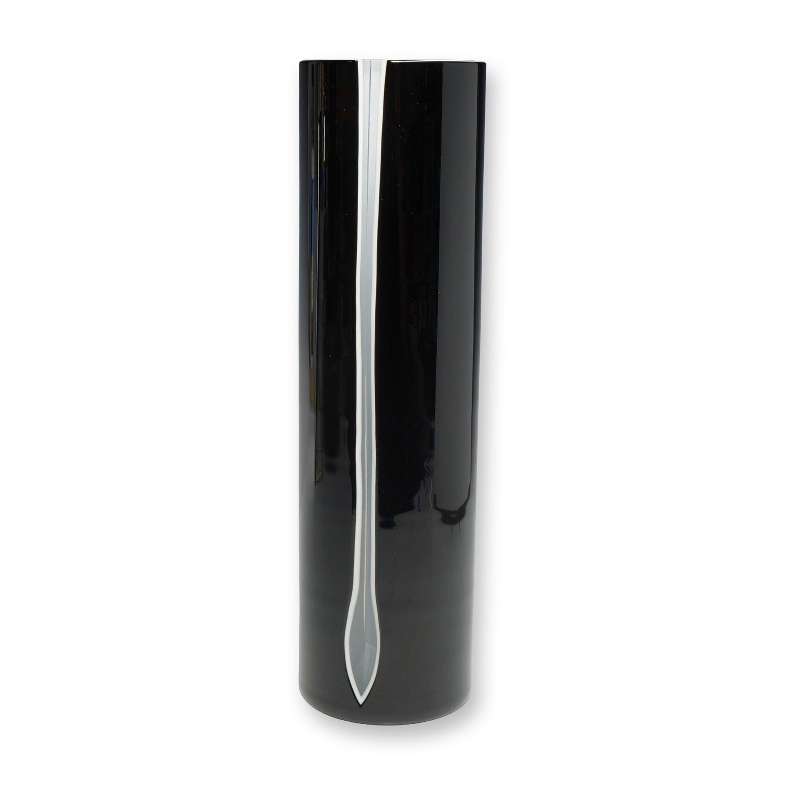 Kelly Hoppen for Wedgwood Crystal Cylinder Cut 30 Black Grey and Clear Cased Glass Vase: A tall, minimalist cylindrical vase designed by Kelly Hoppen for Wedgwood Crystal. This piece is constructed from thick cased glass, featuring a high-gloss, opaque black exterior layered over an opaqu