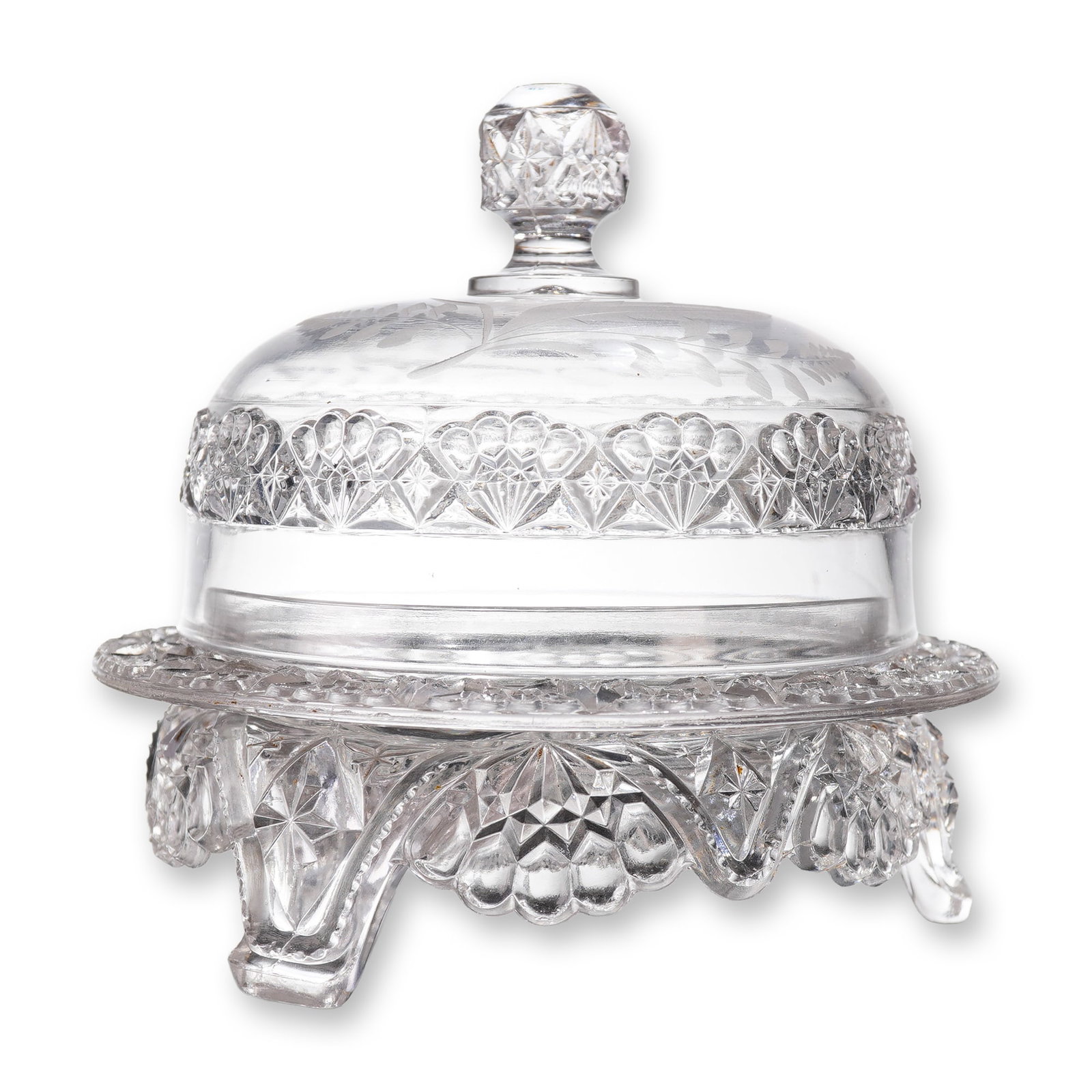 American Brilliant Period Cut Crystal Footed Covered Cheese Dome: This lot consists of a two-piece covered serving dish, identified stylistically as dating to the American Brilliant Period (ABP) of cut glass manufacture. The form is consistent with a footed cheese d