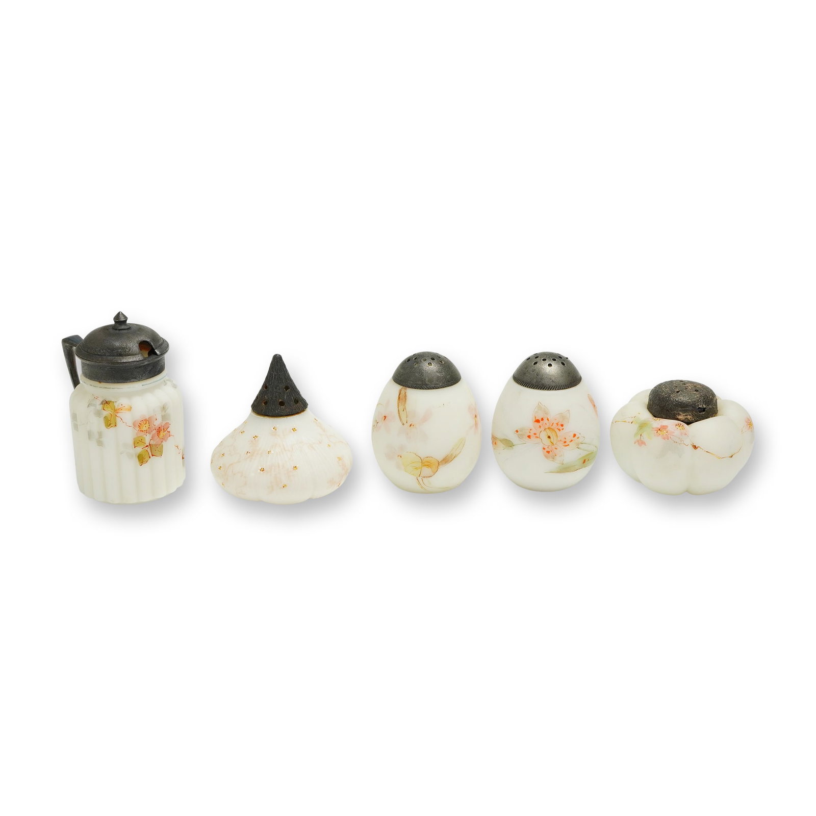 5 Mt. Washington Milk Glass Shakers & Cruet Hand-Painted Ribbed/Egg (1 of 3)
