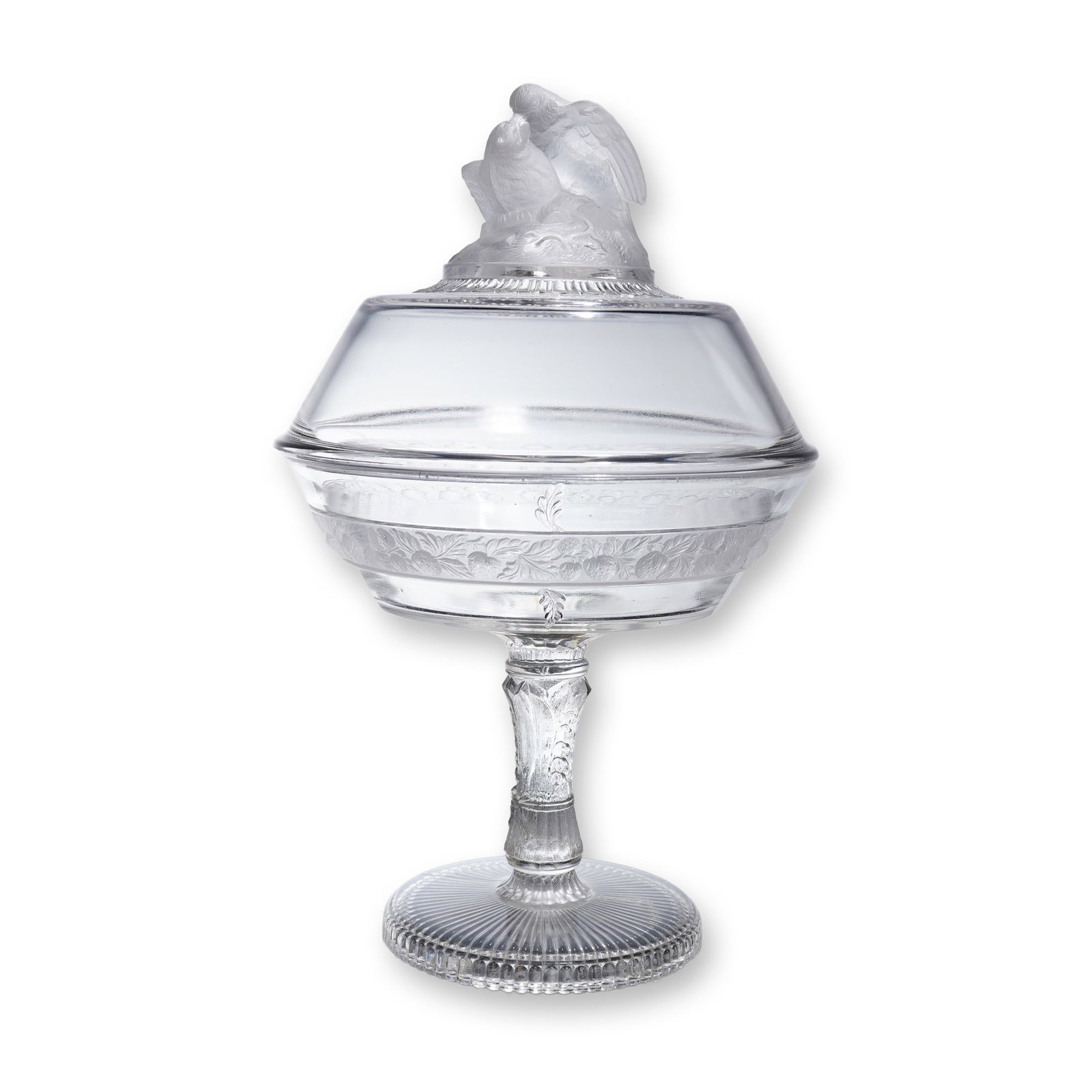 EAPG Compote w/ Lid Frosted Kissing Love Birds Finial: An Early American Pattern Glass (EAPG) compote dish with lid dating to the Victorian period. The piece is constructed of clear pressed glass in two parts: a footed dish and a domed cover. The deep