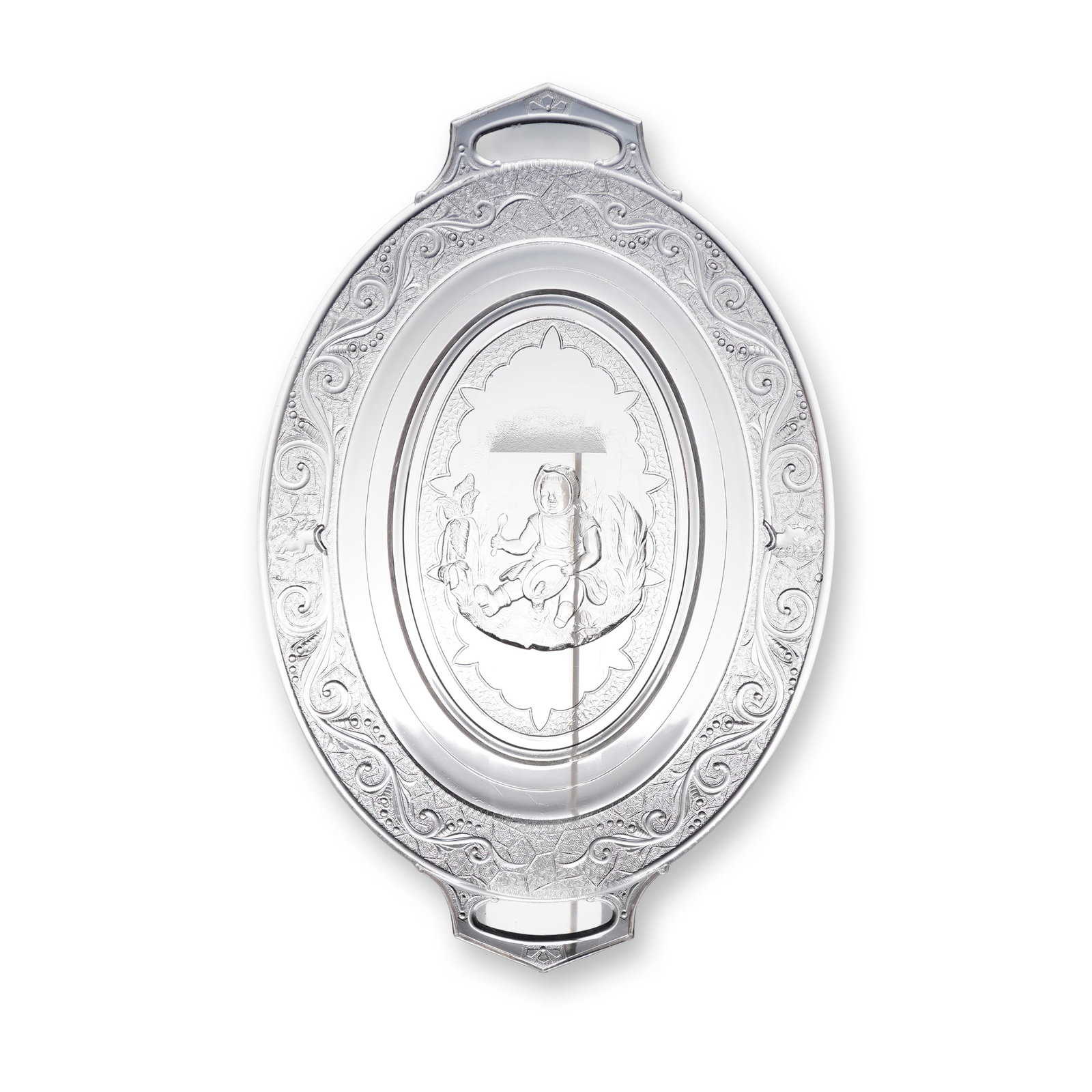 EAPG Belmont Glass Royal Lady Crying Baby Patterned Tray: An Early American Pressed Glass (EAPG) bread plate, known by collectors as the "Crying Baby" pattern, attributed to Belmont Glass. This single oval serving platter is crafted from clear, colorless