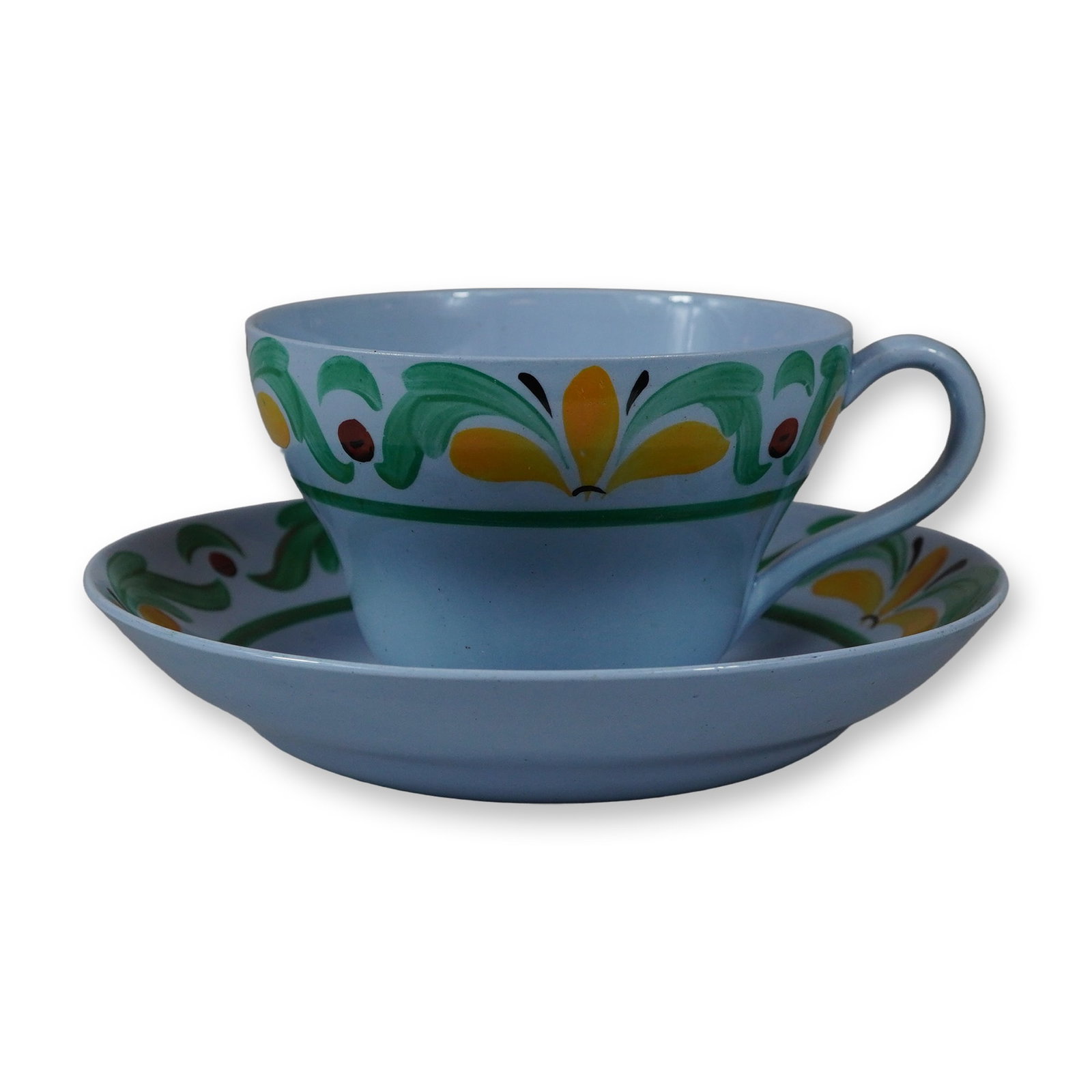 2pc Wedgwood Hand-Painted Earthenware Cup and Saucer Set with Floral Band: A Wedgwood hand-painted earthenware cup and saucer set featuring a pale blue field with a floral band. The set is finished with a pale blue glaze and decorated with hand-painted stylized scrolling gre