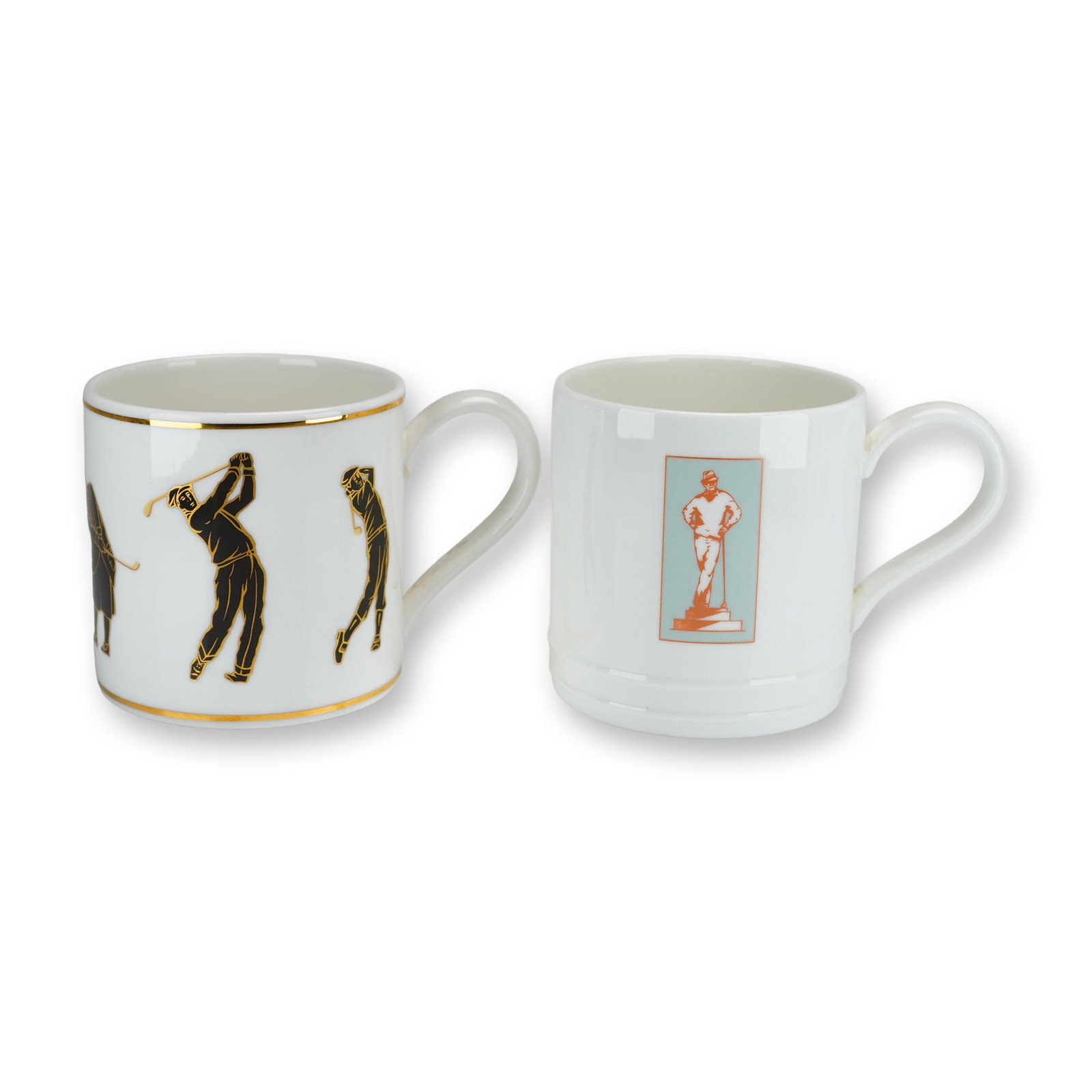 2pc Wedgwood Bone China Golf-Themed Mugs: This set consists of two white bone china mugs manufactured by Wedgwood, both featuring golf-themed transfer-printed decoration. The first mug is decorated with black and gold silhouetted figures of g