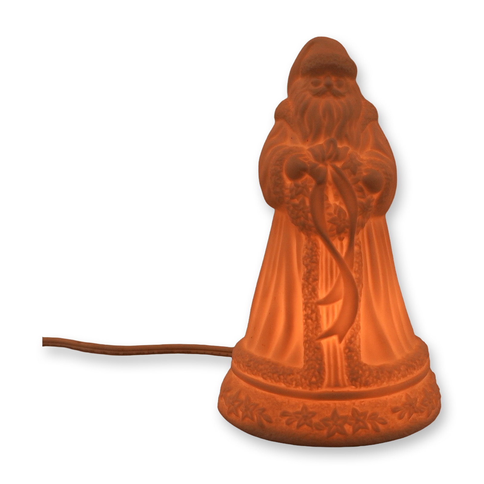 Wedgwood White Bisque Porcelain Santa Claus Night Light: A Wedgwood white bisque porcelain night light figurine depicting Santa Claus. The full-length figure is rendered in traditional long robes with textured fur-like trim, holding a holiday wreath adorned