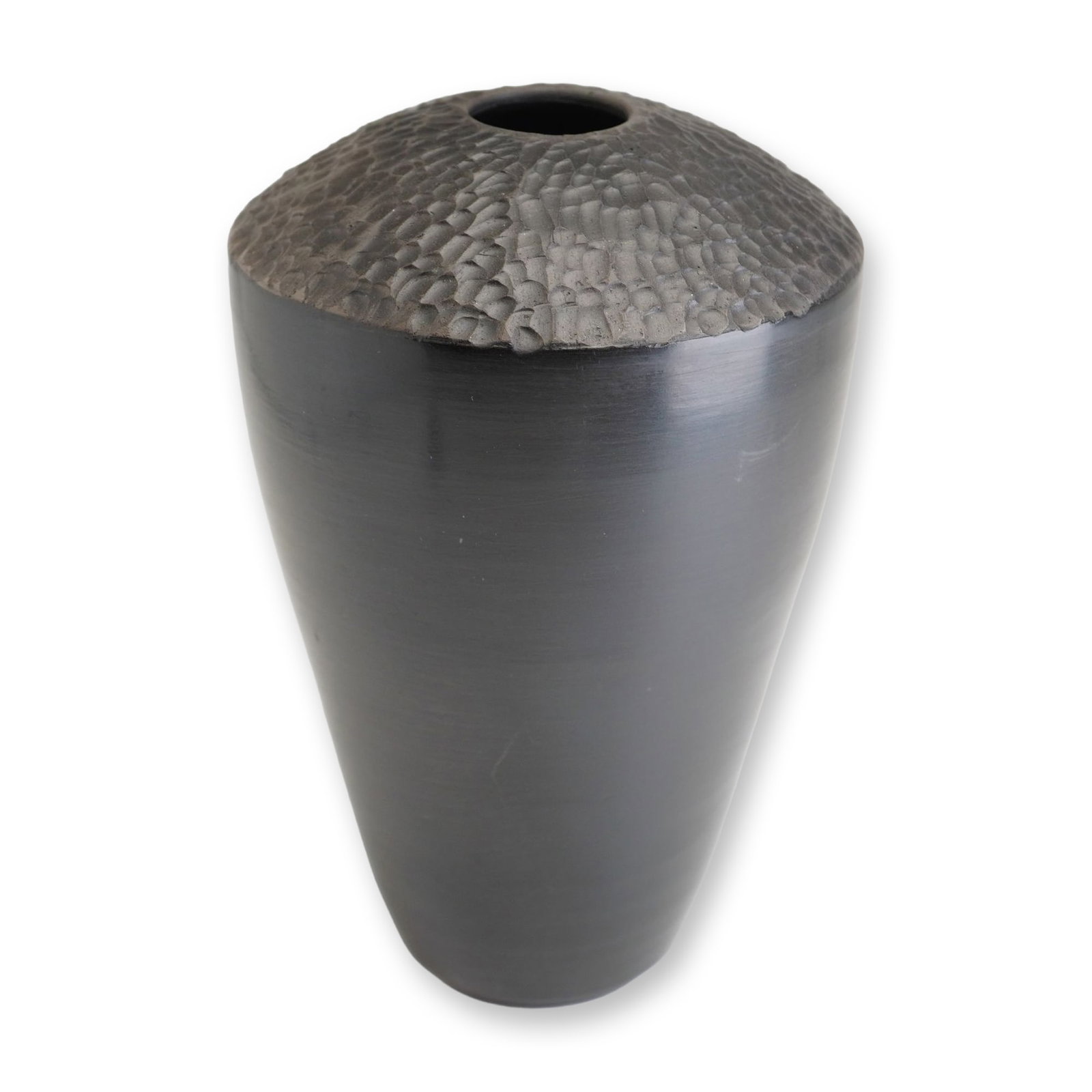 Kiefer Signed Contemporary Textured Black Stoneware Vase: This contemporary studio pottery vase is constructed of black stoneware with a matte charcoal-colored finish. The vessel is designed with a tapered, ovoid body narrowing toward a flat, unglazed base, 