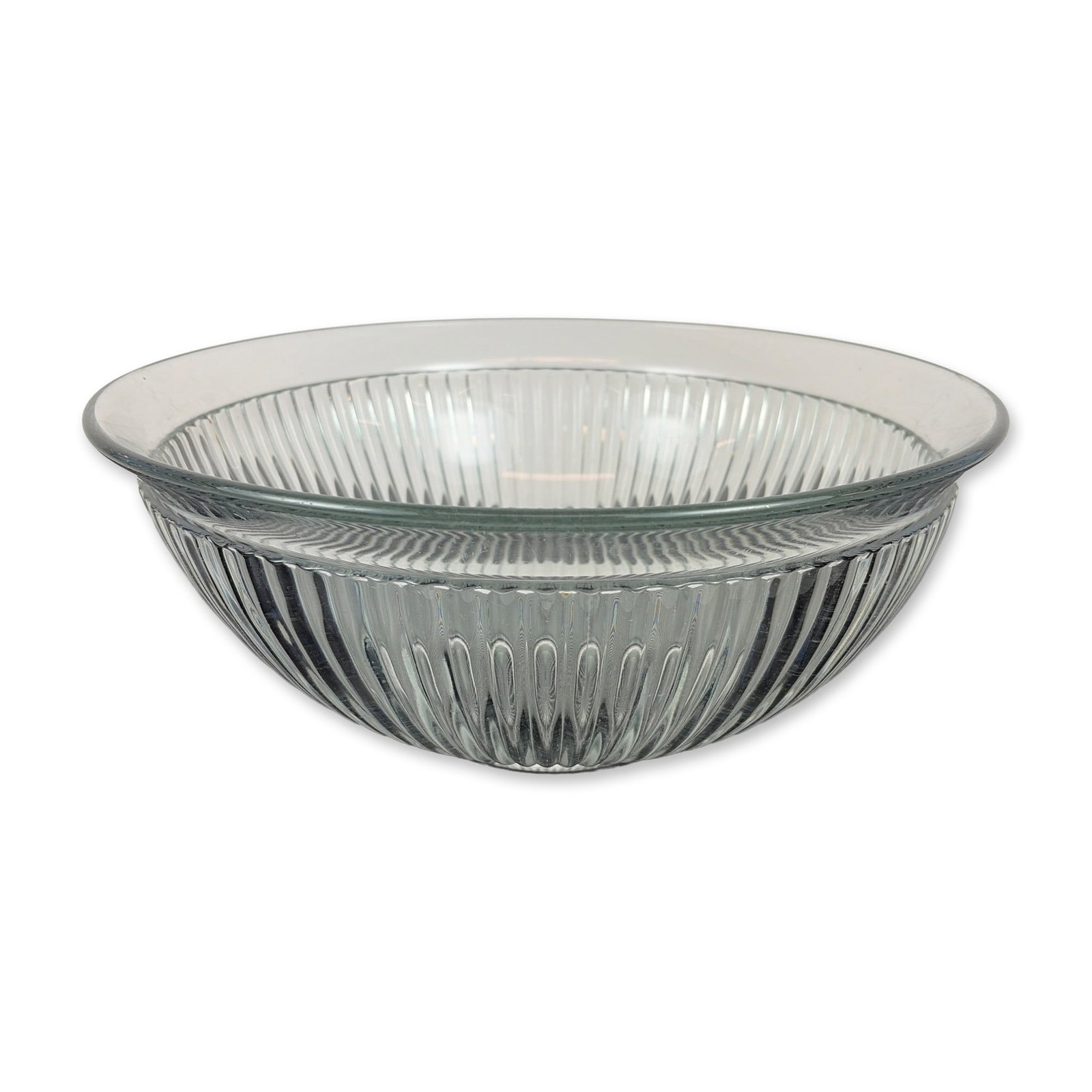 Sculpted Clear Ribbed Bowl: Mid-20th century style glass bowl featuring vertical prismatic ribbing and a central radiating starburst motif at the base. The flared form terminates in a smooth, rounded rim with small foot at base.