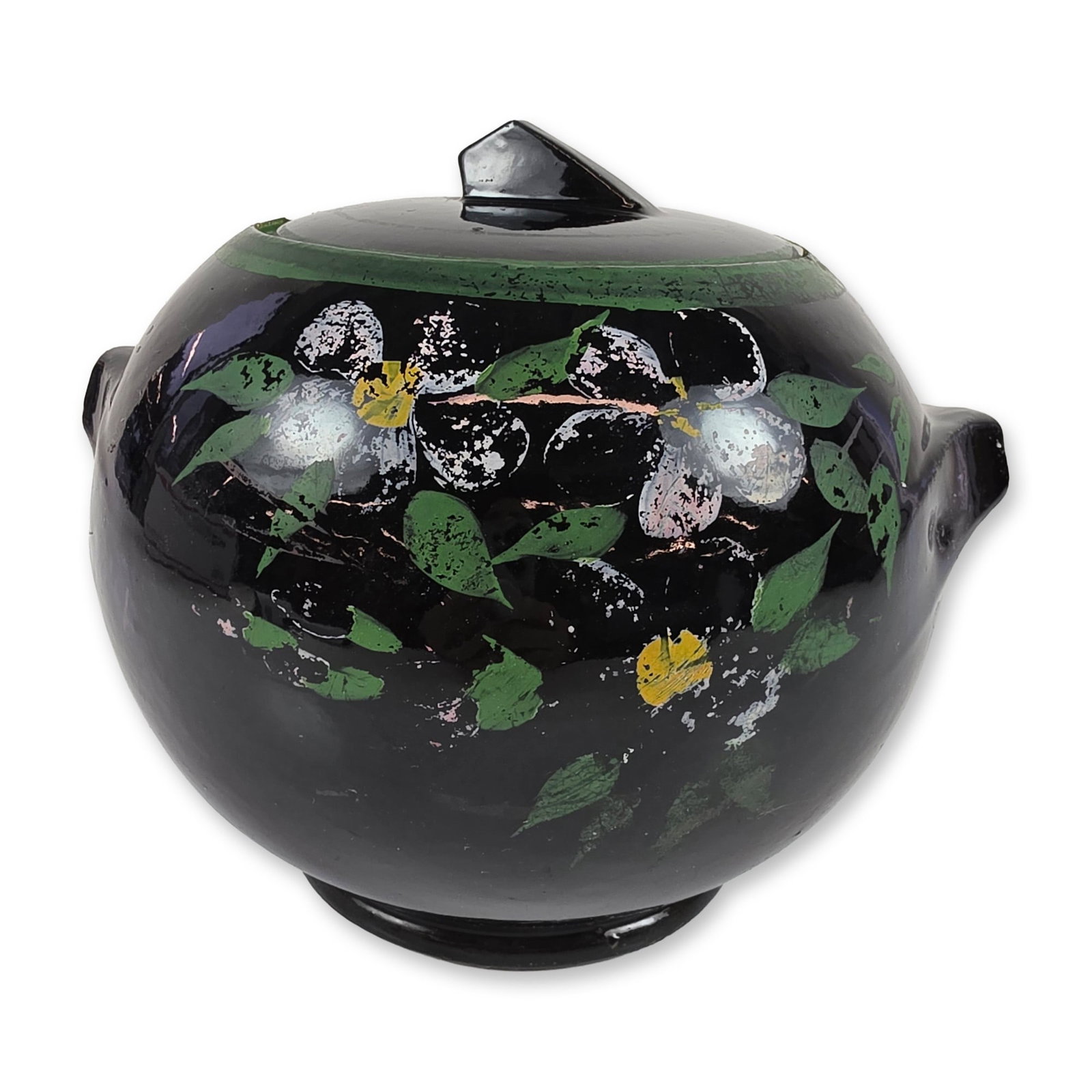 Vintage Hand-Painted Black Floral Pottery Cookie Jar (1 of 4)