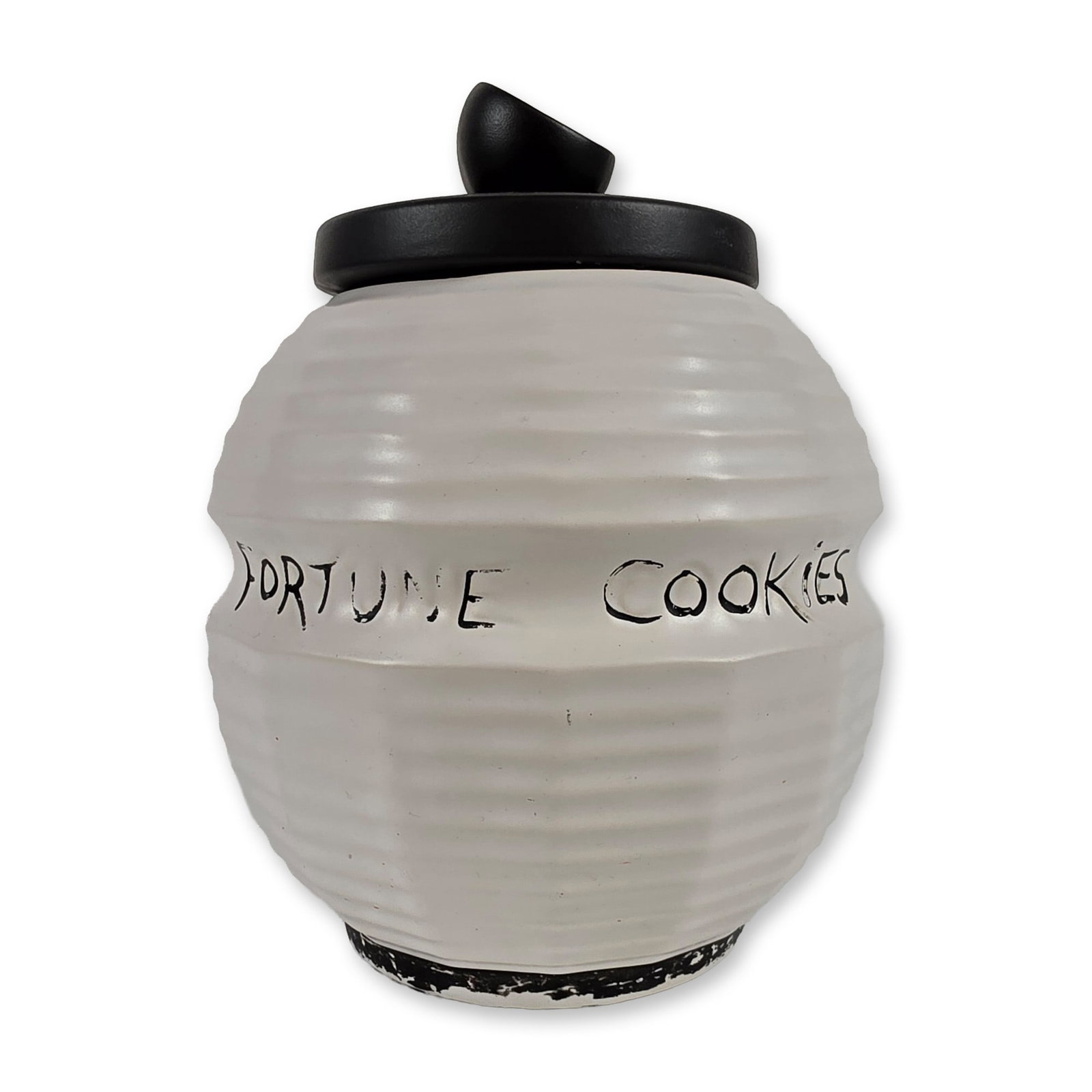 McCoy Ceramic Fortune Cookie Jar: Ceramic lidded canister in a globose lantern form, featuring horizontal ribbing and a smooth vertical panel. The body is finished in an off-white glaze with FORTUNE COOKIES hand-painted in black scrip