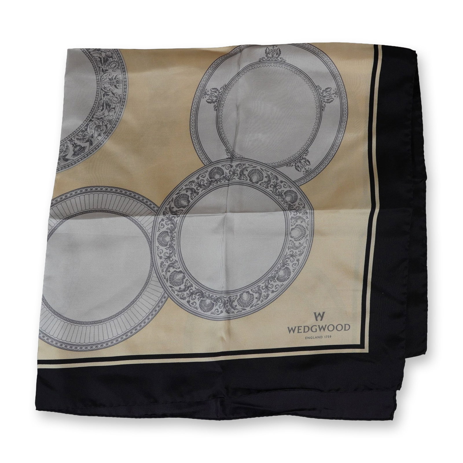 Lydia Keyes Wedgwood Italian Silk Scarf: Lydia Keyes for Wedgwood. Square scarf in 100% silk twill, featuring a central champagne field with overlapping circular plates in the neoclassical style. The plates are rendered in tones of grey and