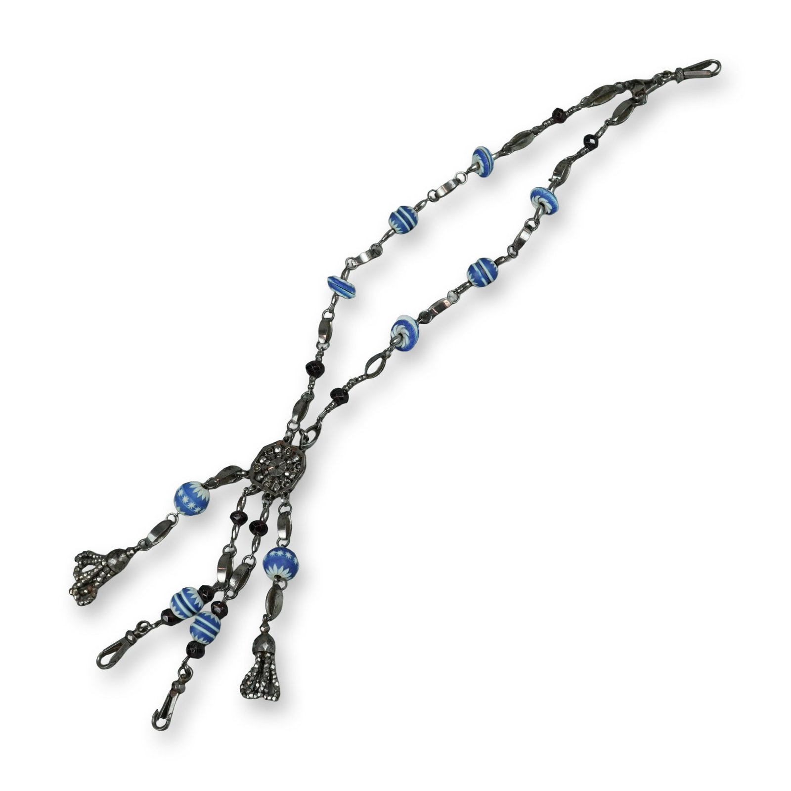 Rubin Collection Silver-Tone Glass Bead Chatelaine-Style Multi-Clasp Necklace: A chatelaine-style necklace by Rubin Collection, featuring a silver-tone metal construction with an intentional darkened patina for a vintage appearance. The piece is decorated with blue and white lam